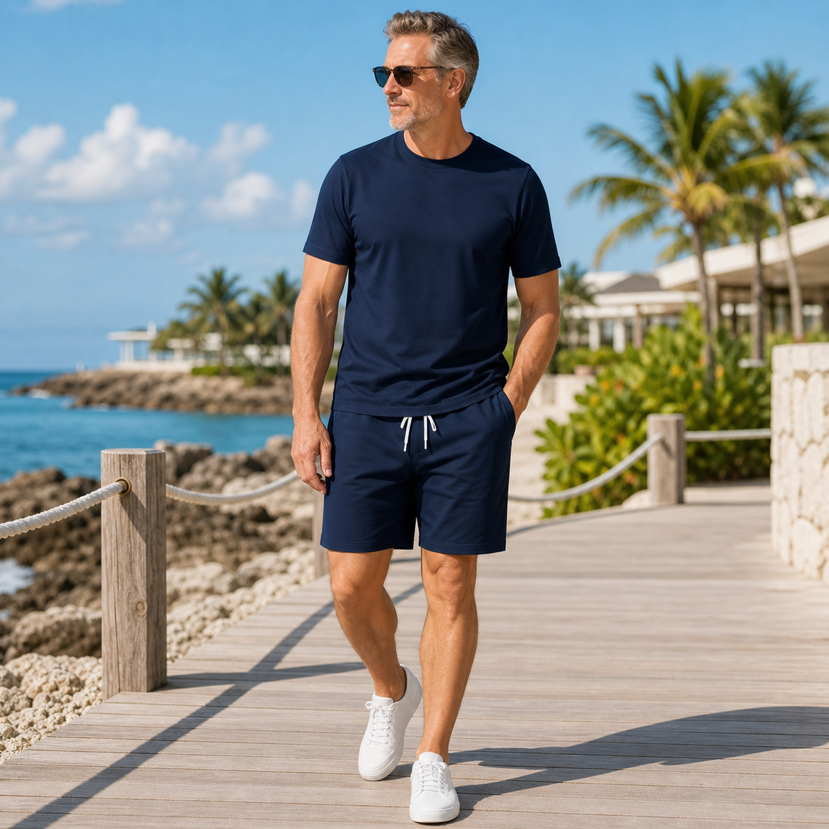 T3u0720002 Navy casual t-shirt and shorts two-piece set