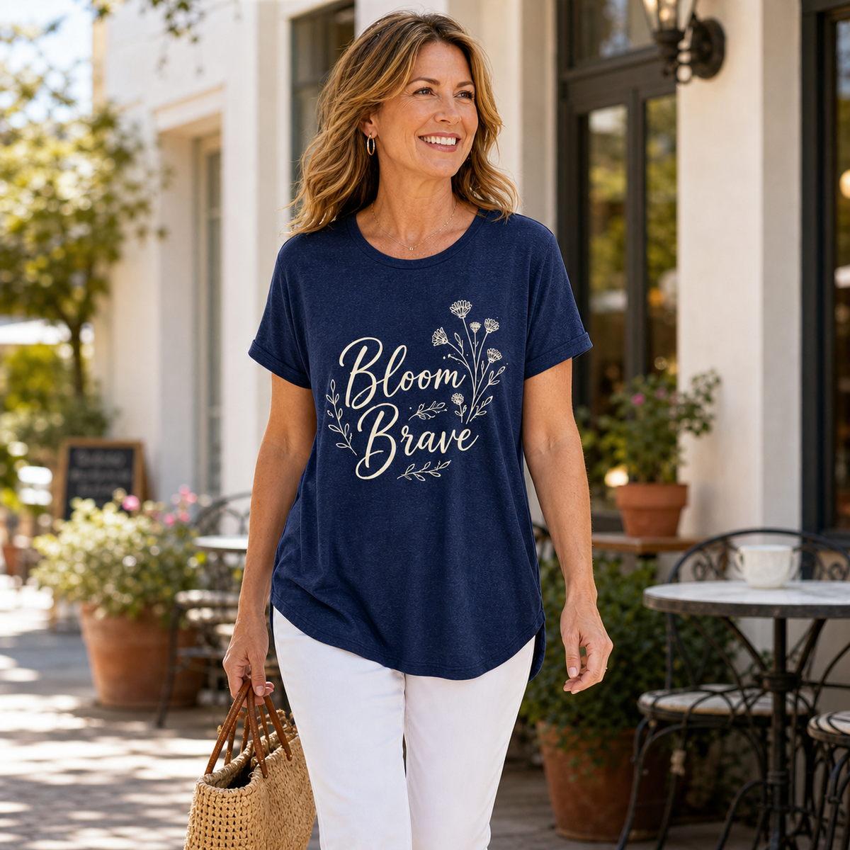 T3u0727001 Navy women's floral graphic crewneck T-shirt