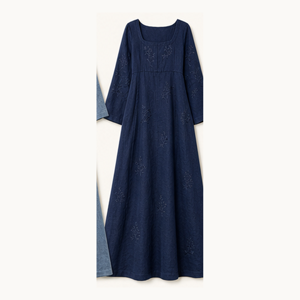 6tu0727001 Navy Blue embroidered square neck maxi dress
