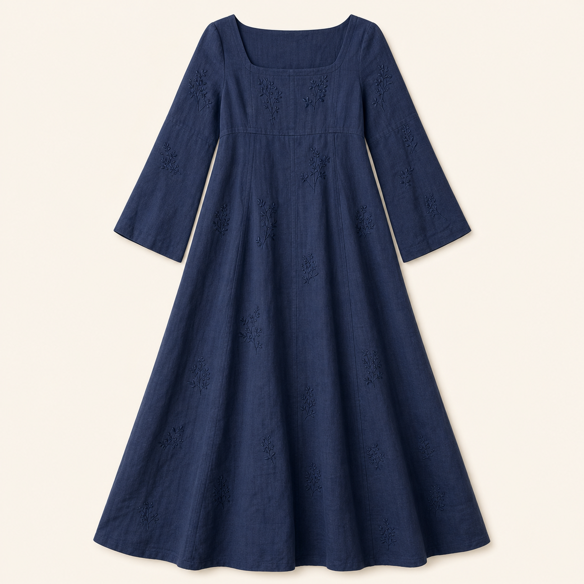6tu0727001 Navy Blue embroidered square neck maxi dress