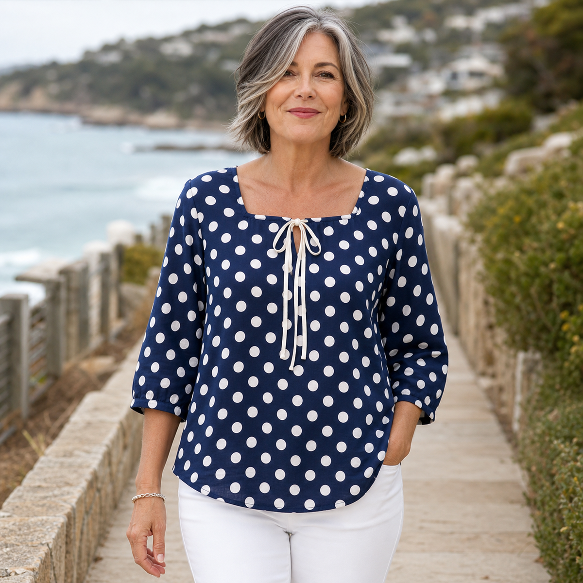 T3u0716001 Navy White Dots polka dot tie front blouse
