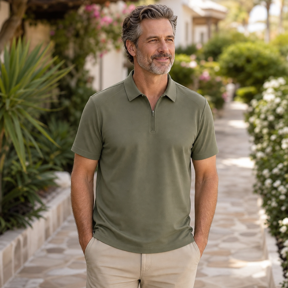T3u0725001 Olive men's short sleeve half-zip polo shirt
