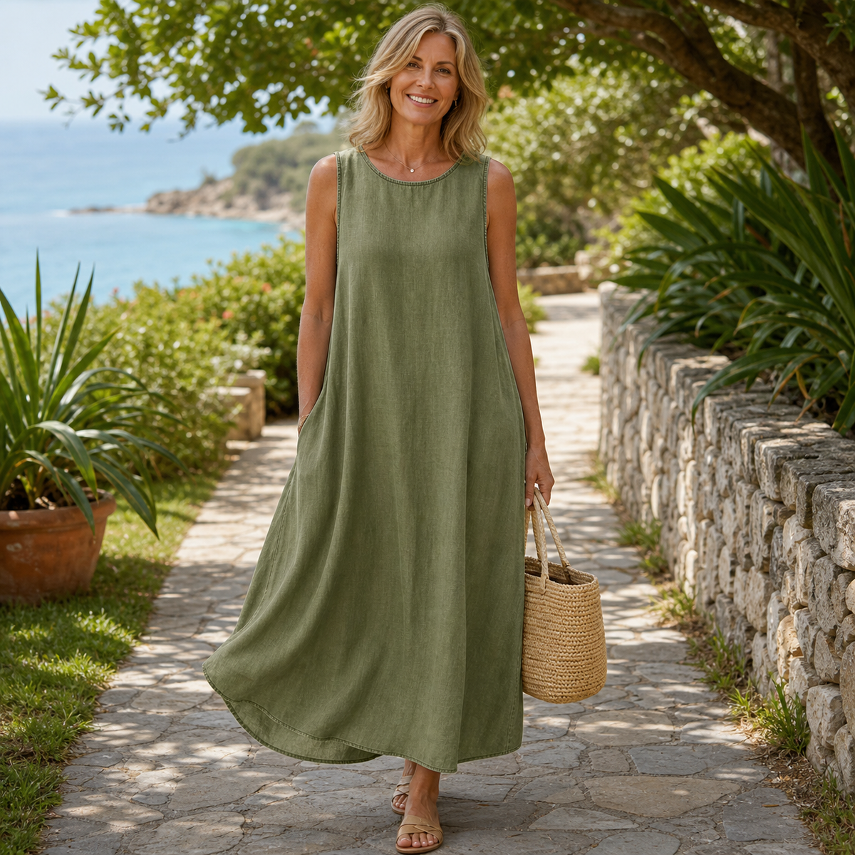 6tu0725001 Olive Green sleeveless relaxed A-line dress