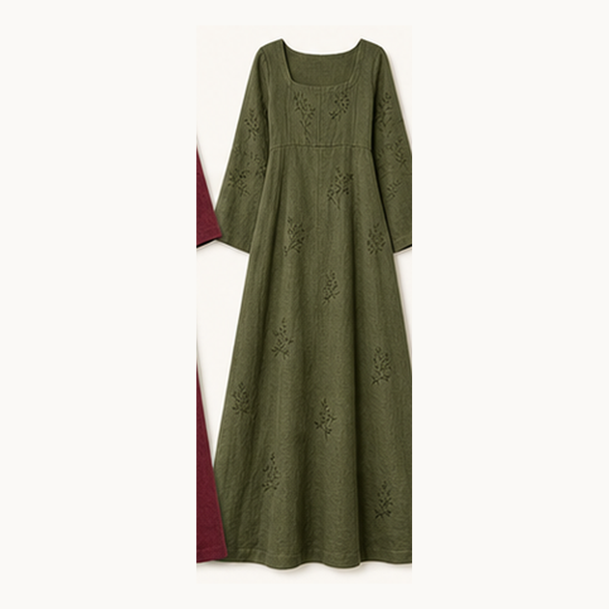 6tu0727001 Olive Green embroidered square neck maxi dress