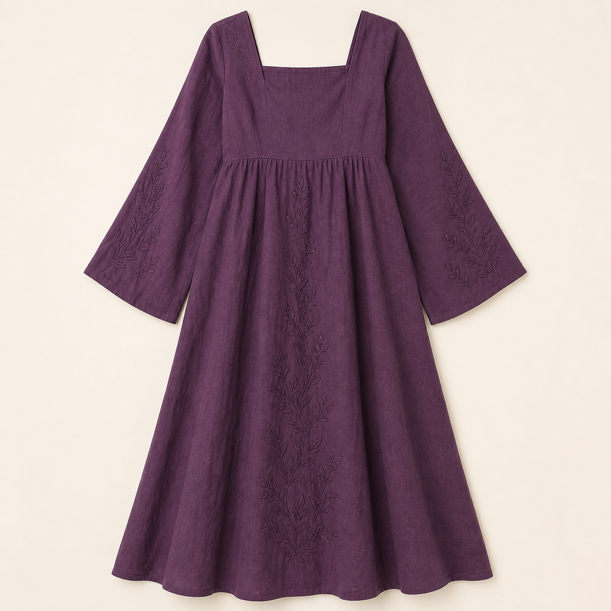 6tu0727001 Plum embroidered square neck maxi dress