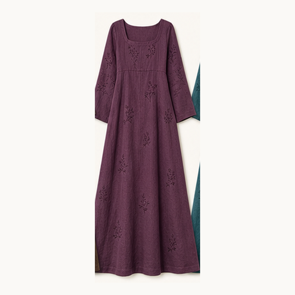 6tu0727001 Plum embroidered square neck maxi dress