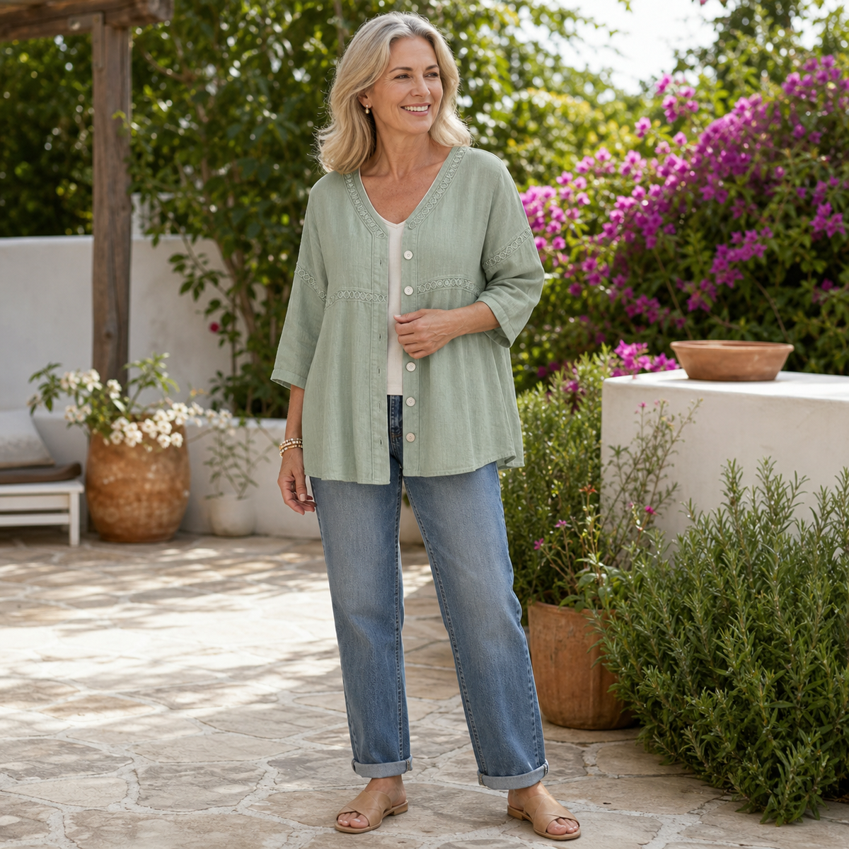6tu0722002 Sage embroidered button-front cardigan blouse