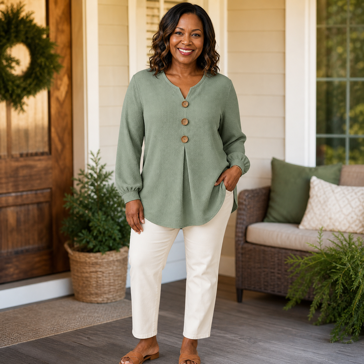 T3u0716002 Sage textured button front tunic blouse
