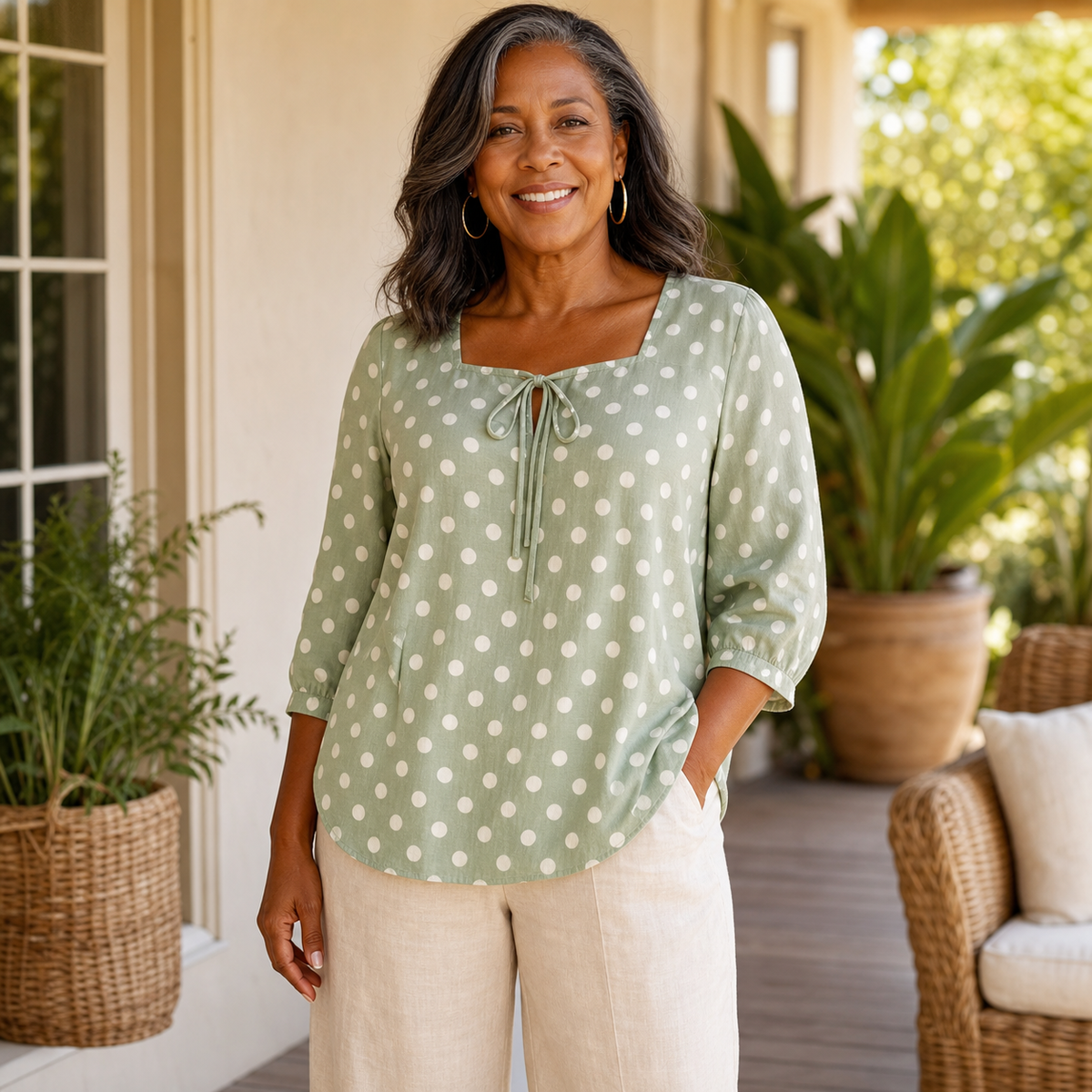 T3u0716001 Sage Cream Dots polka dot tie front blouse