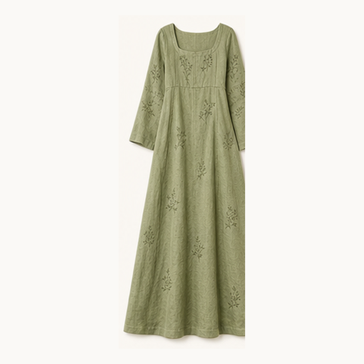 6tu0727001 Sage Green embroidered square neck maxi dress