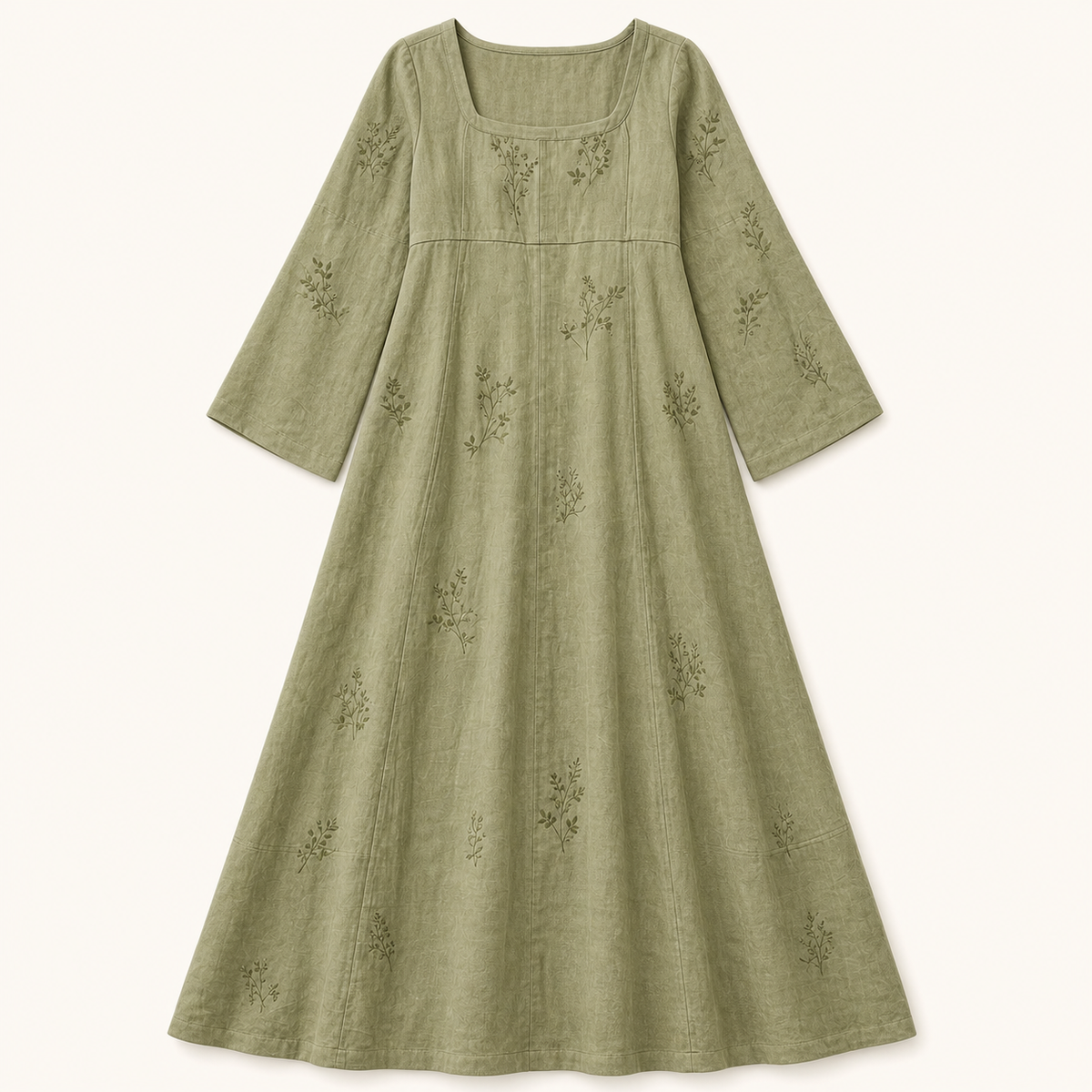 6tu0727001 Sage Green embroidered square neck maxi dress