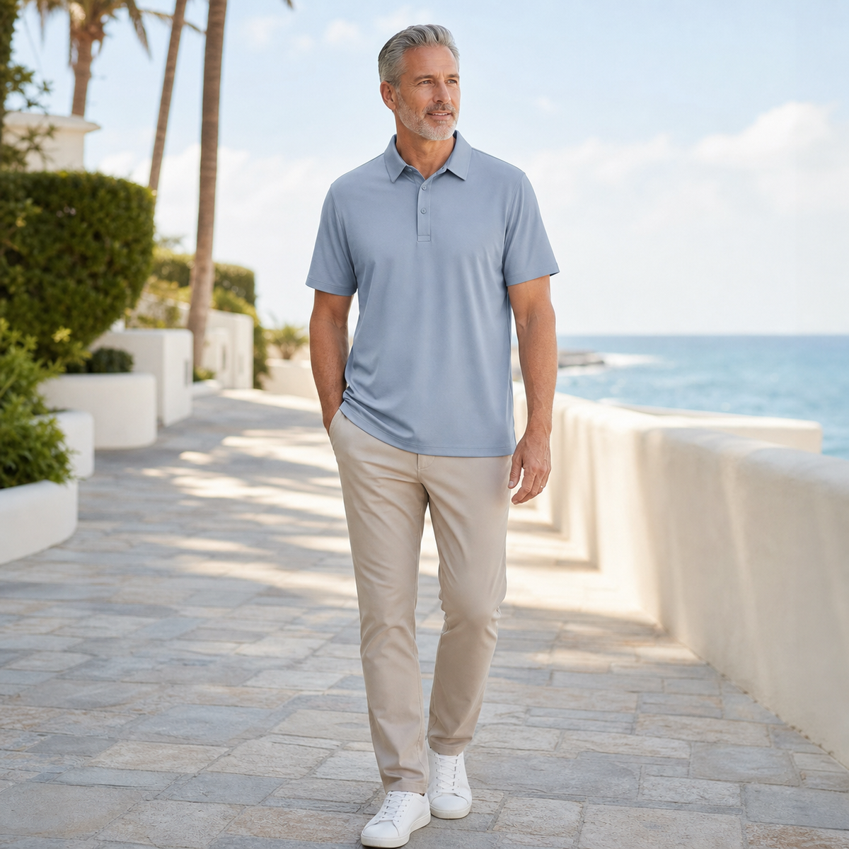 6tu0724002 mature man wearing slate blue lightweight polo shirt