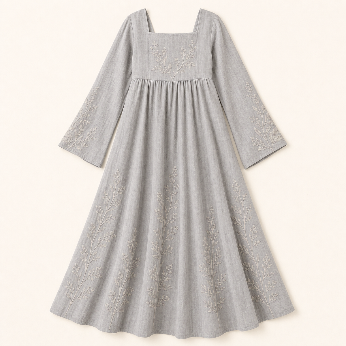 6tu0727001 Soft Gray embroidered square neck maxi dress