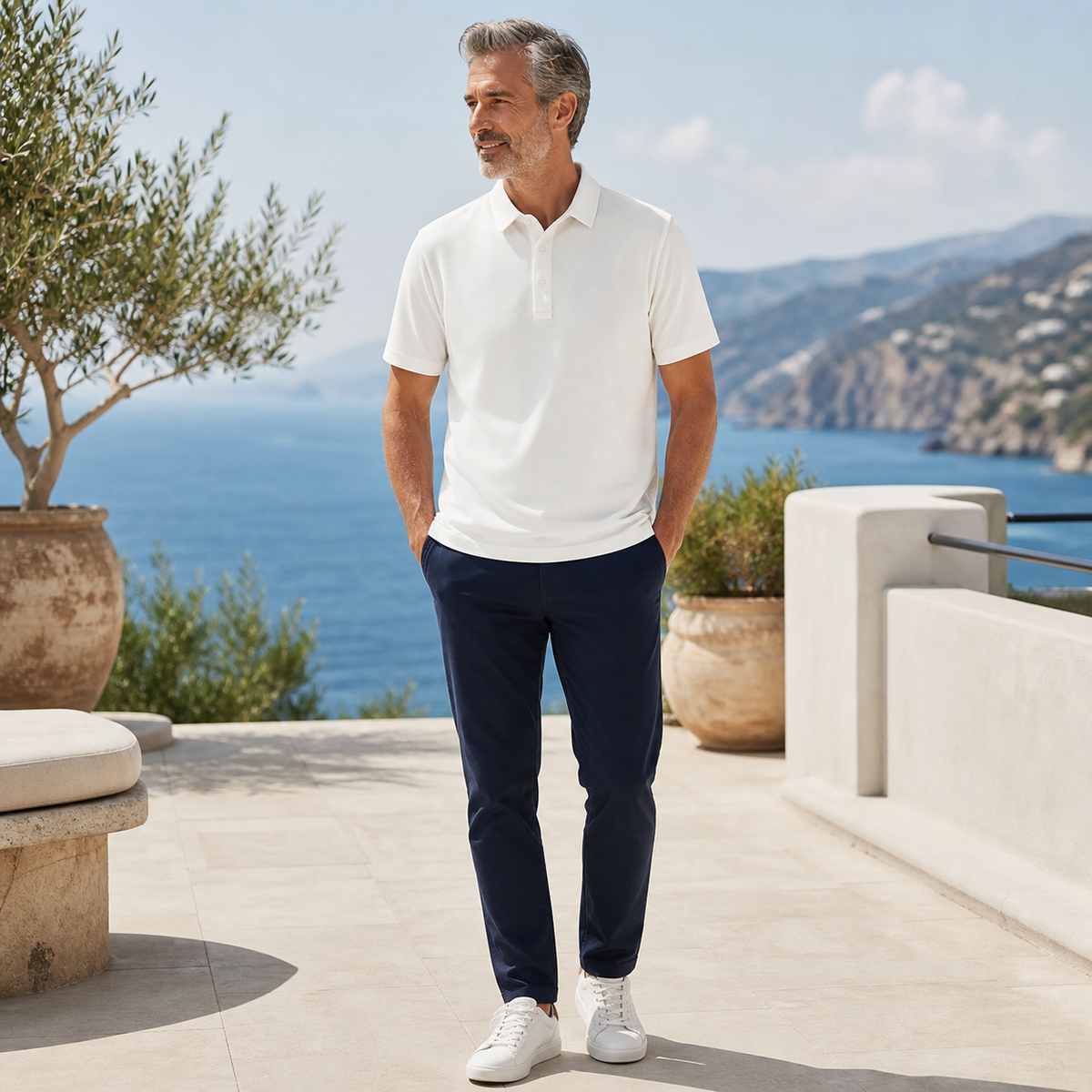 6tu0724002 soft white men's polo outfit styling
