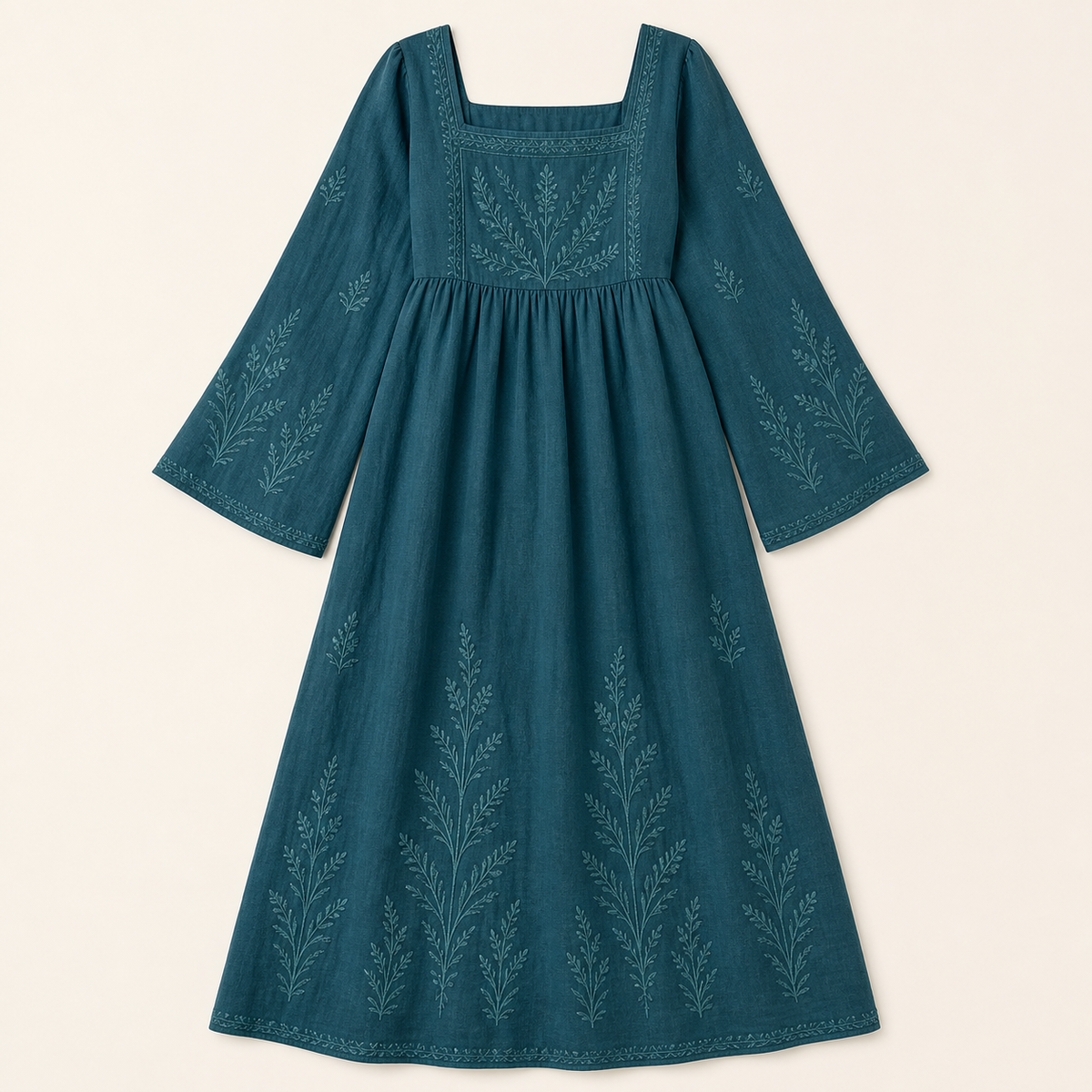 6tu0727001 Teal embroidered square neck maxi dress