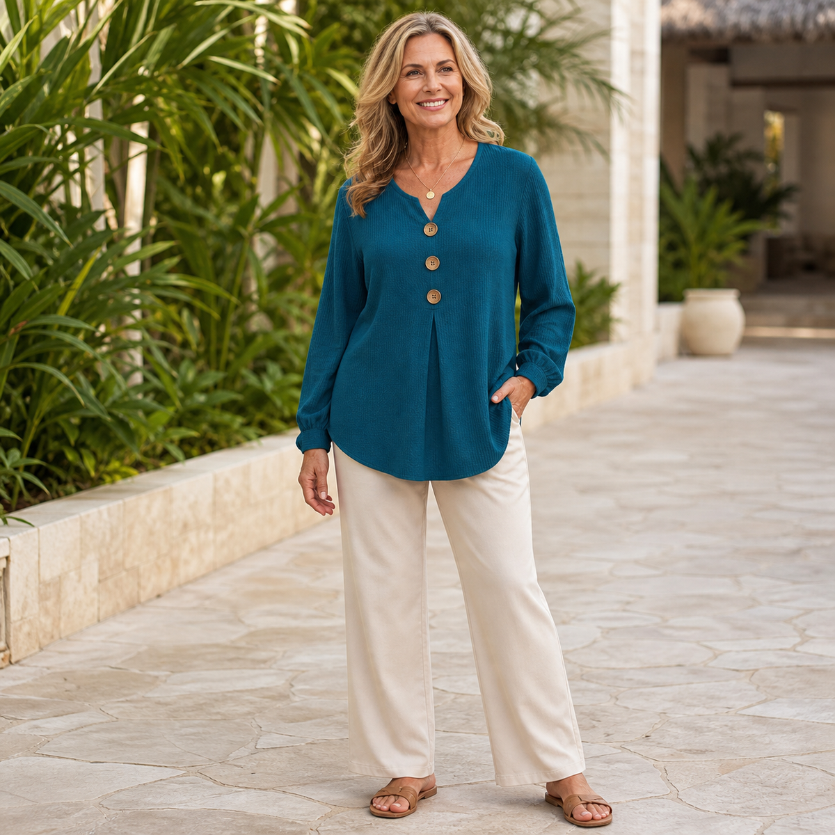 T3u0716002 Teal textured button front tunic blouse