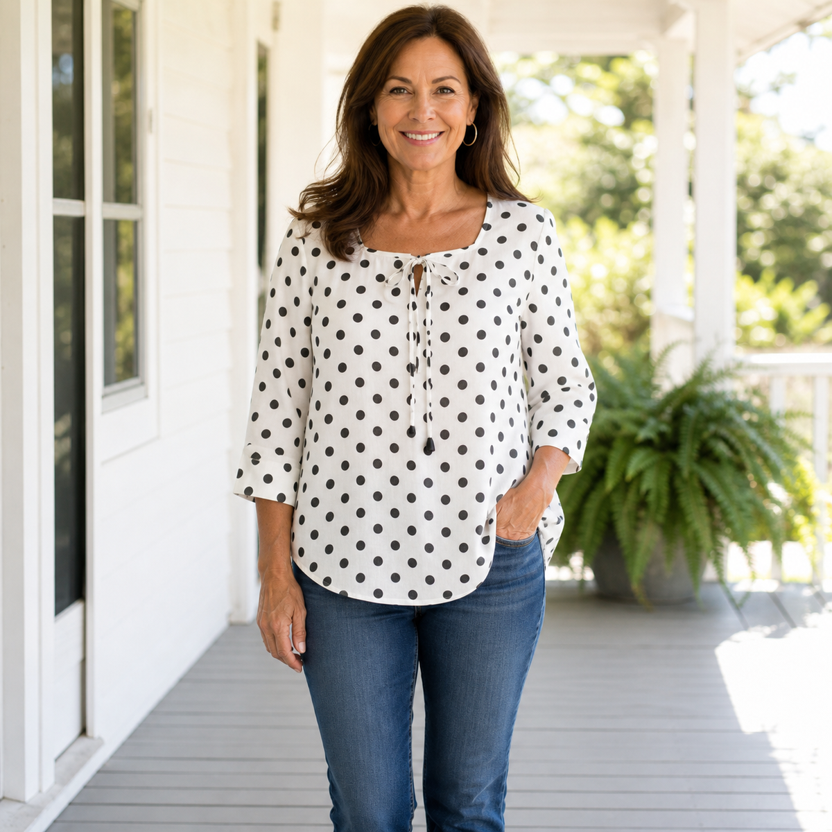 T3u0716001 White Black Dots polka dot tie front blouse
