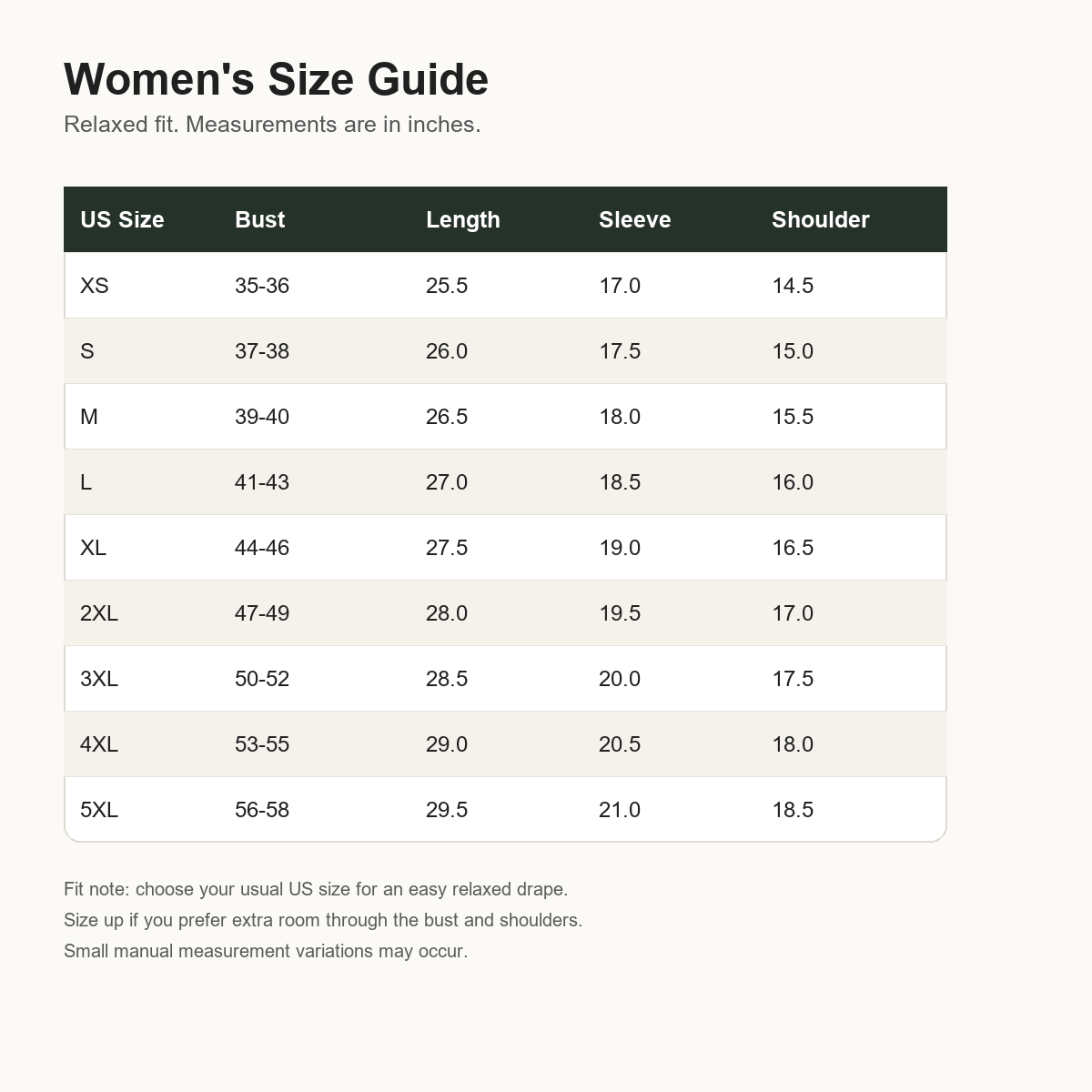 T3u0716001 women's size guide XS to 5XL