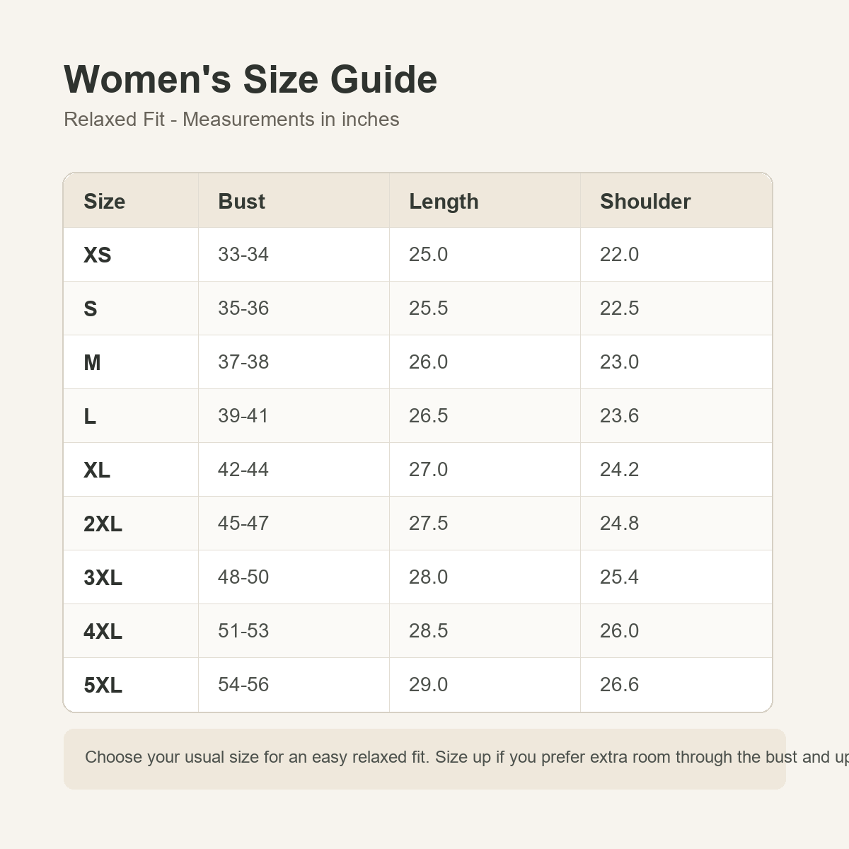 4tu0716003 women's size guide XS to 5XL