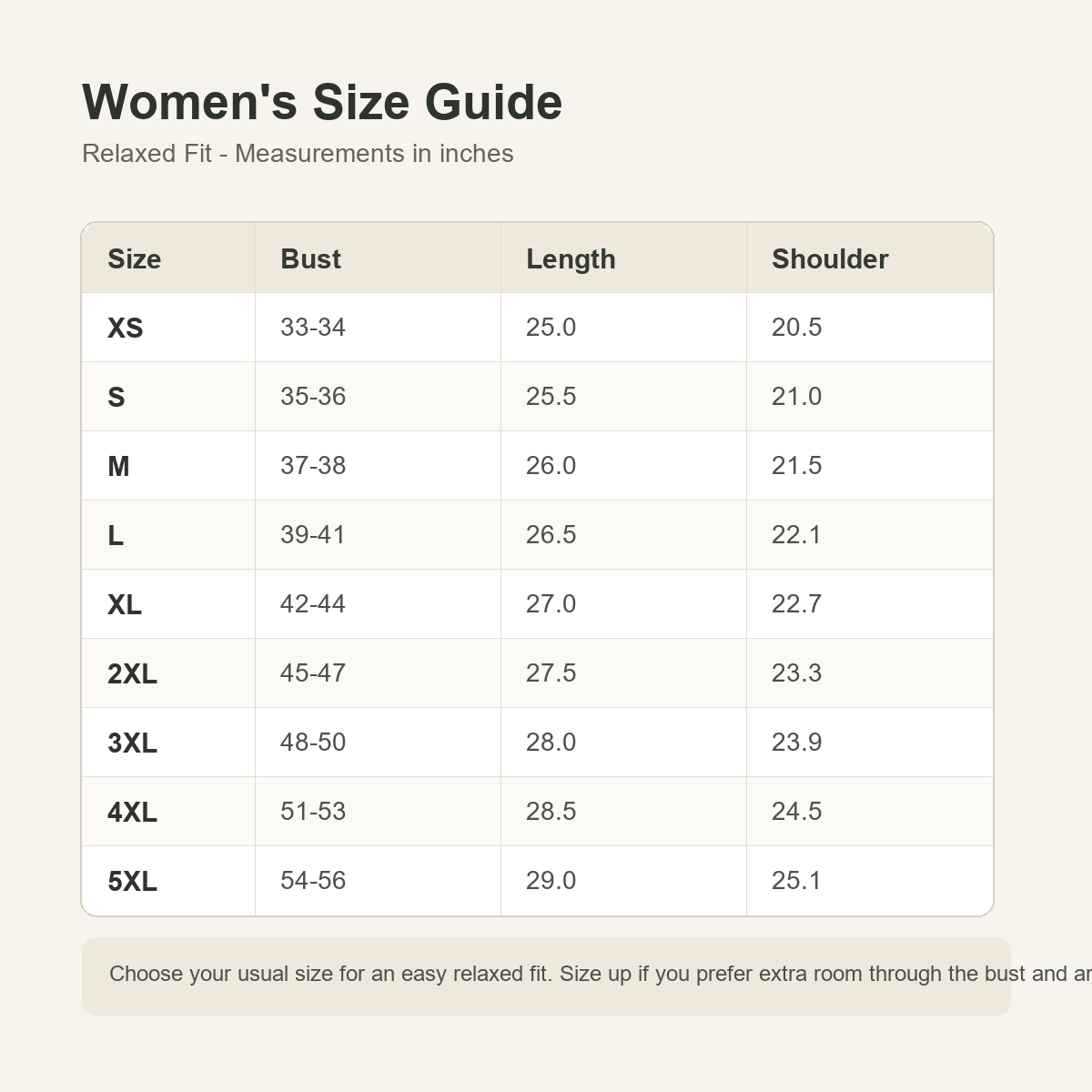 4tu0717001 women's size guide XS to 5XL