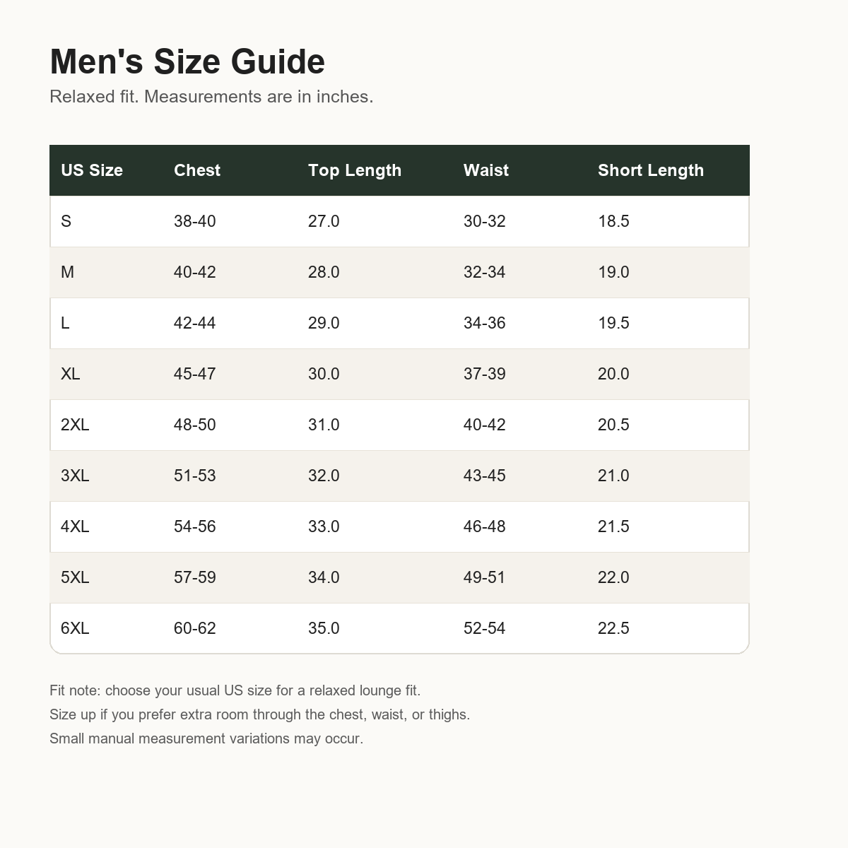 T3u0720002 men's size guide S to 6XL