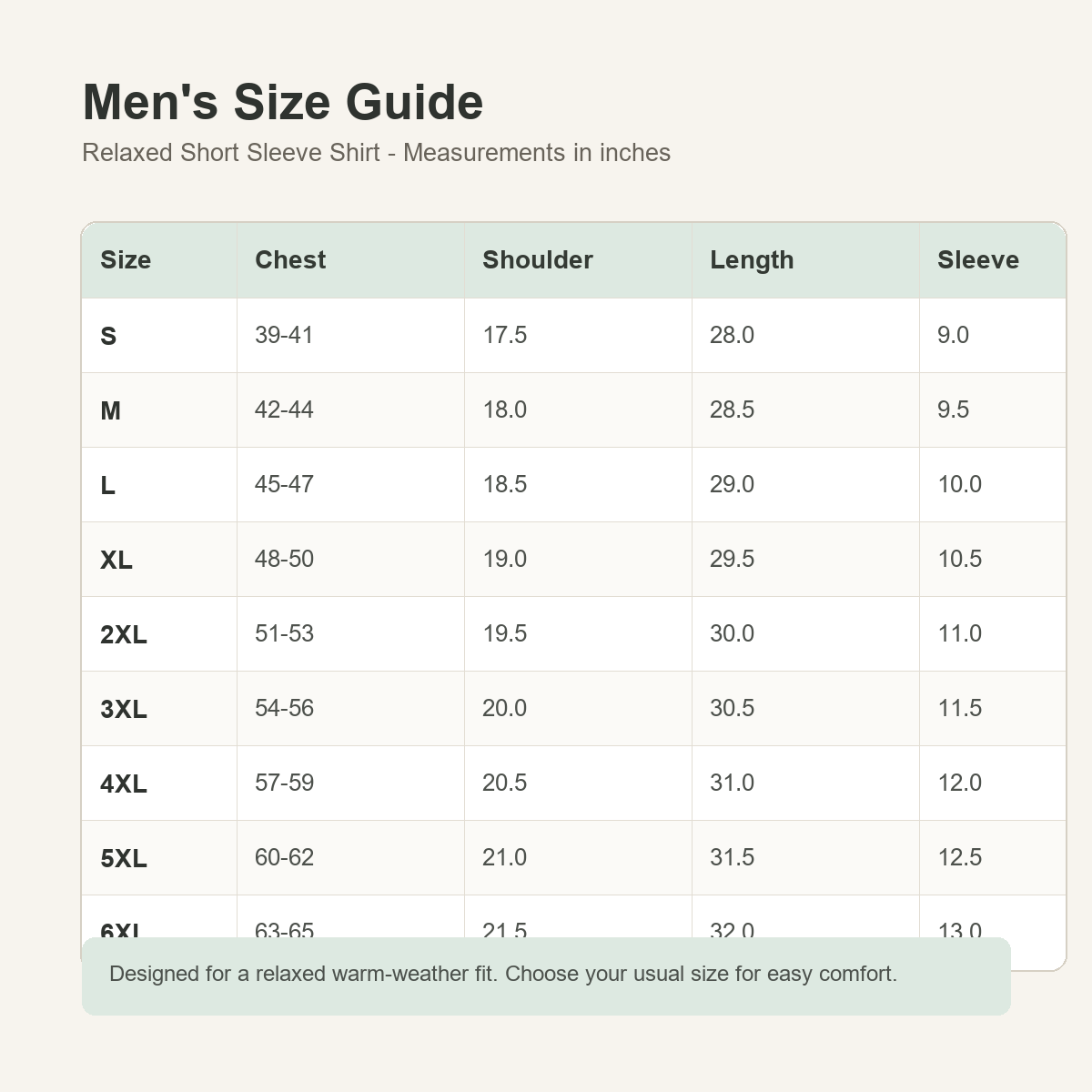 5tu0722003 men's relaxed shirt size guide S to 6XL
