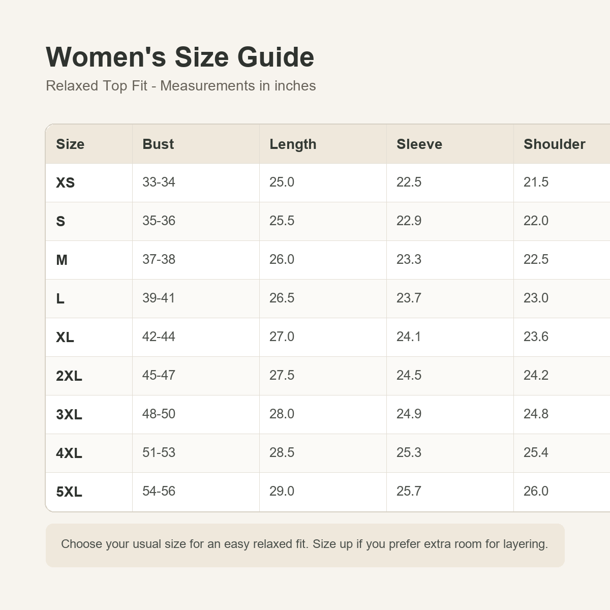 4tu0722002 women's size guide XS to 5XL