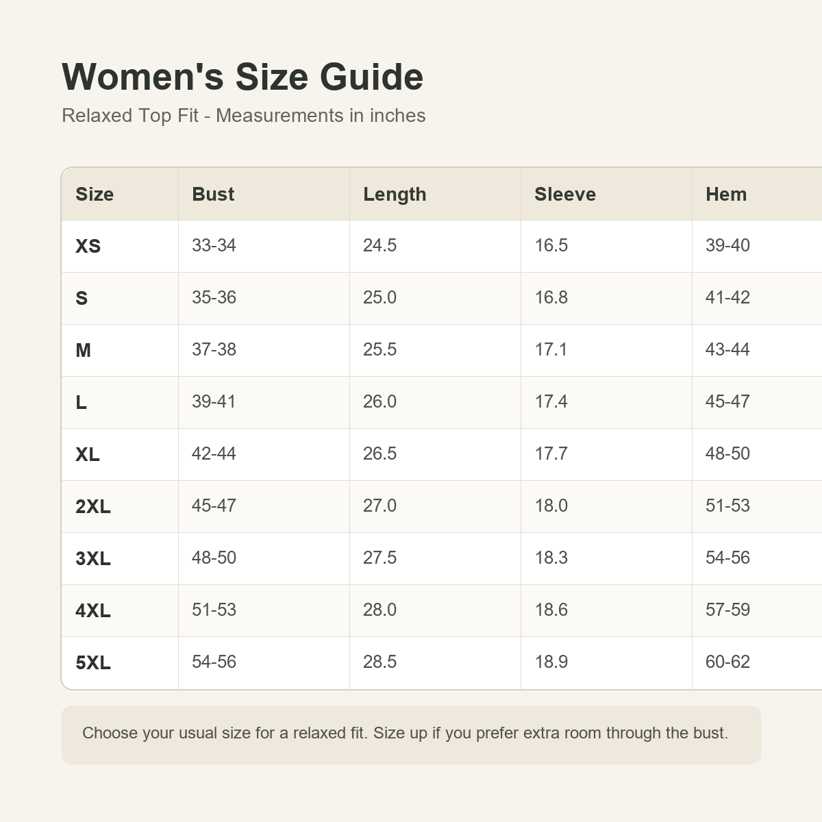 4tu0723001 women's size guide XS to 5XL