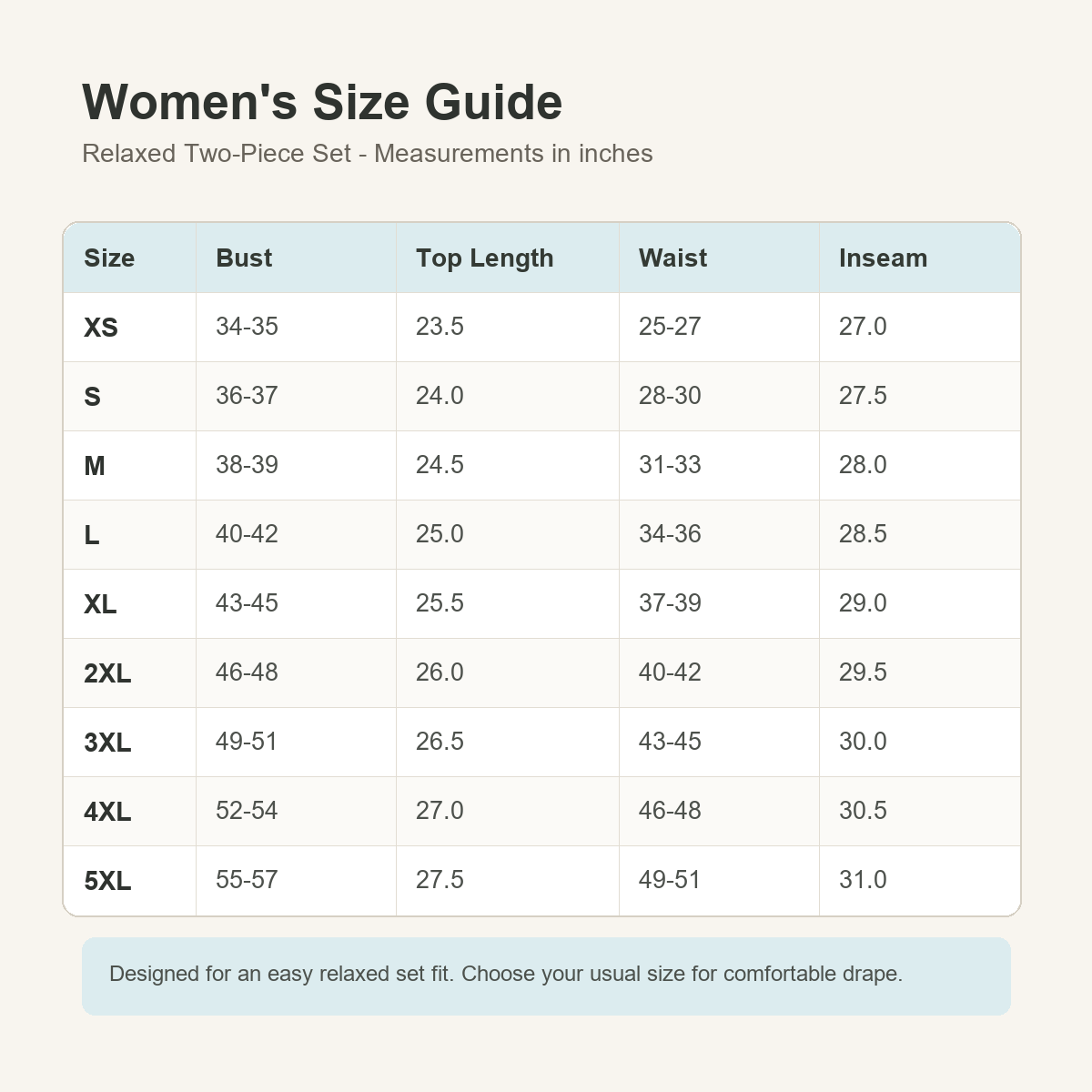 5tu0723002 women's relaxed two-piece set size guide XS to 5XL