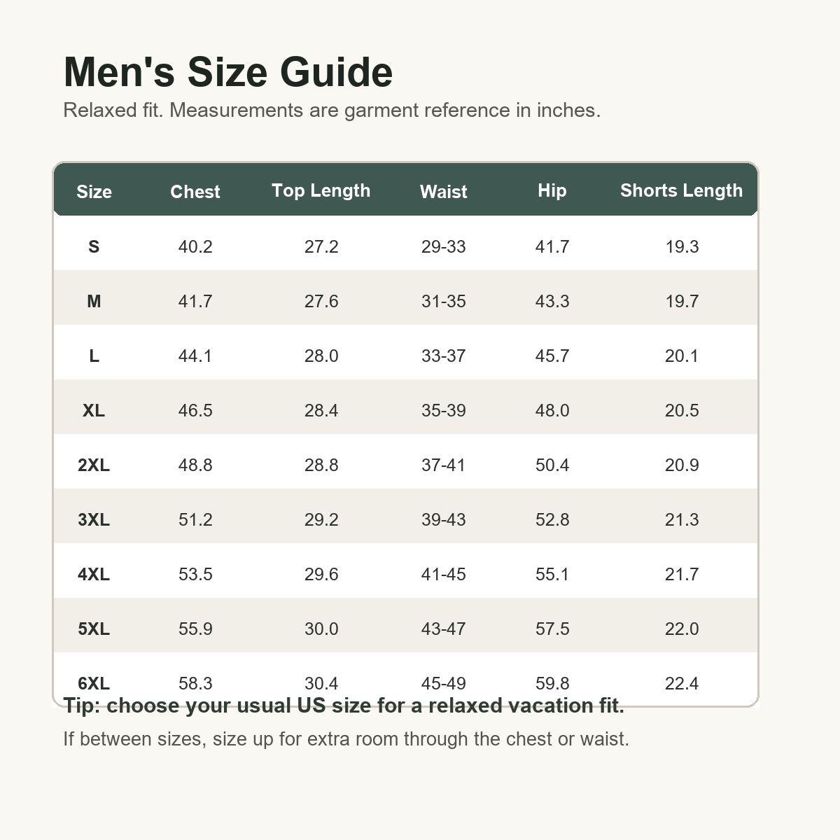 6tu0724001 men's size guide S to 6XL