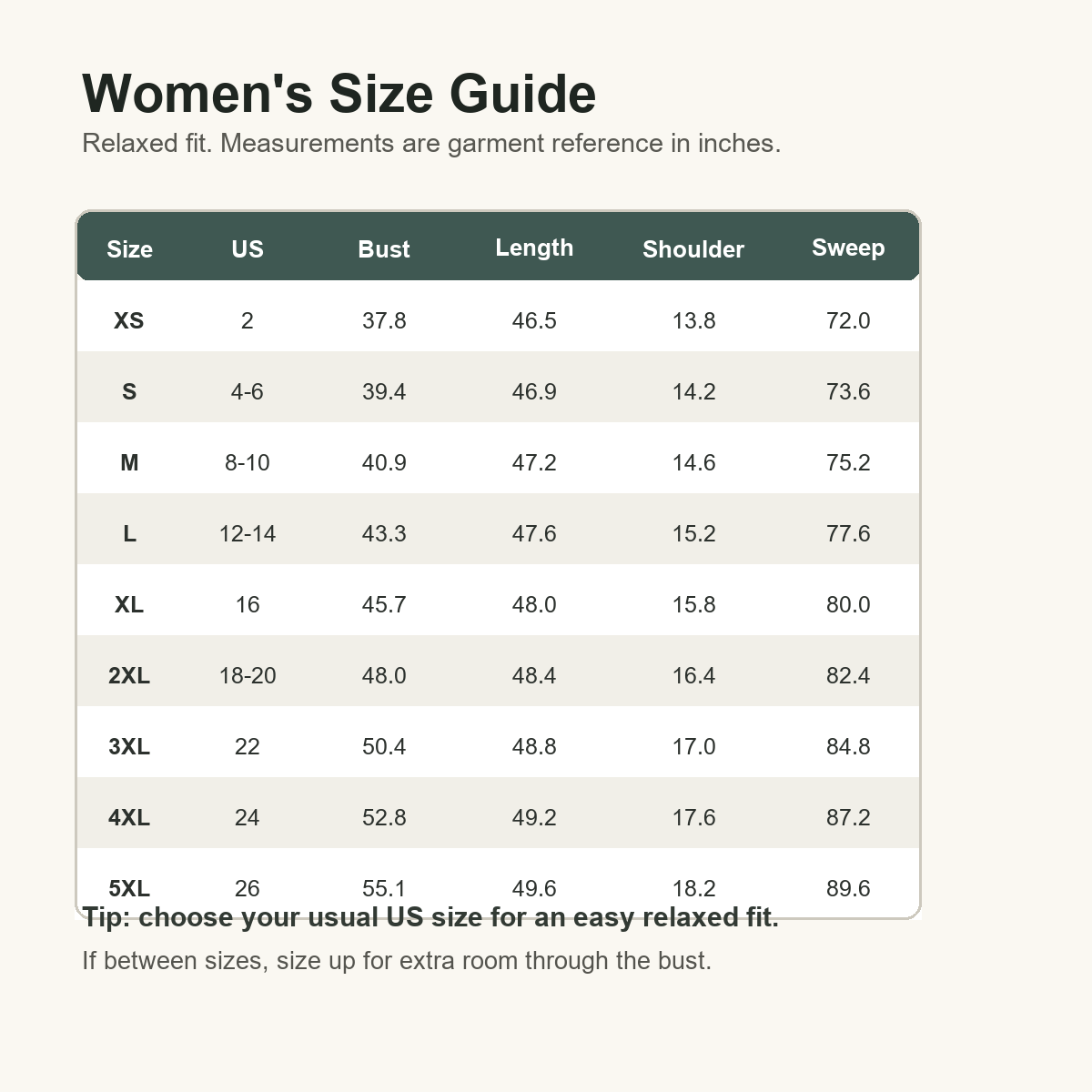 6tu0725001 women's size guide XS to 5XL