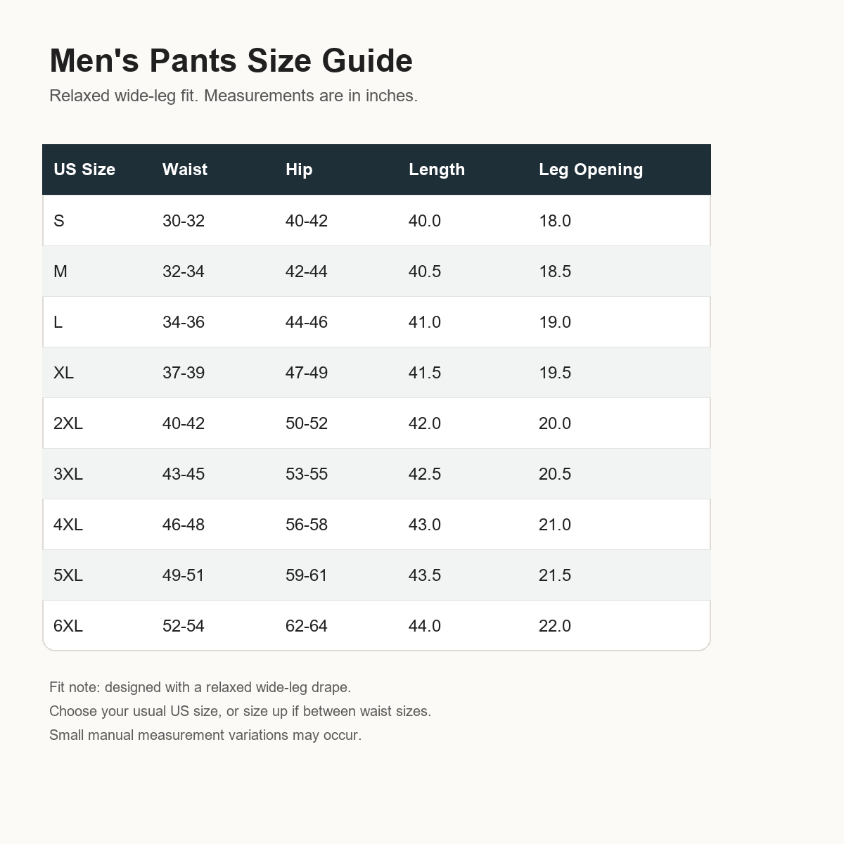 4tu0725001 men's pants size guide S to 6XL
