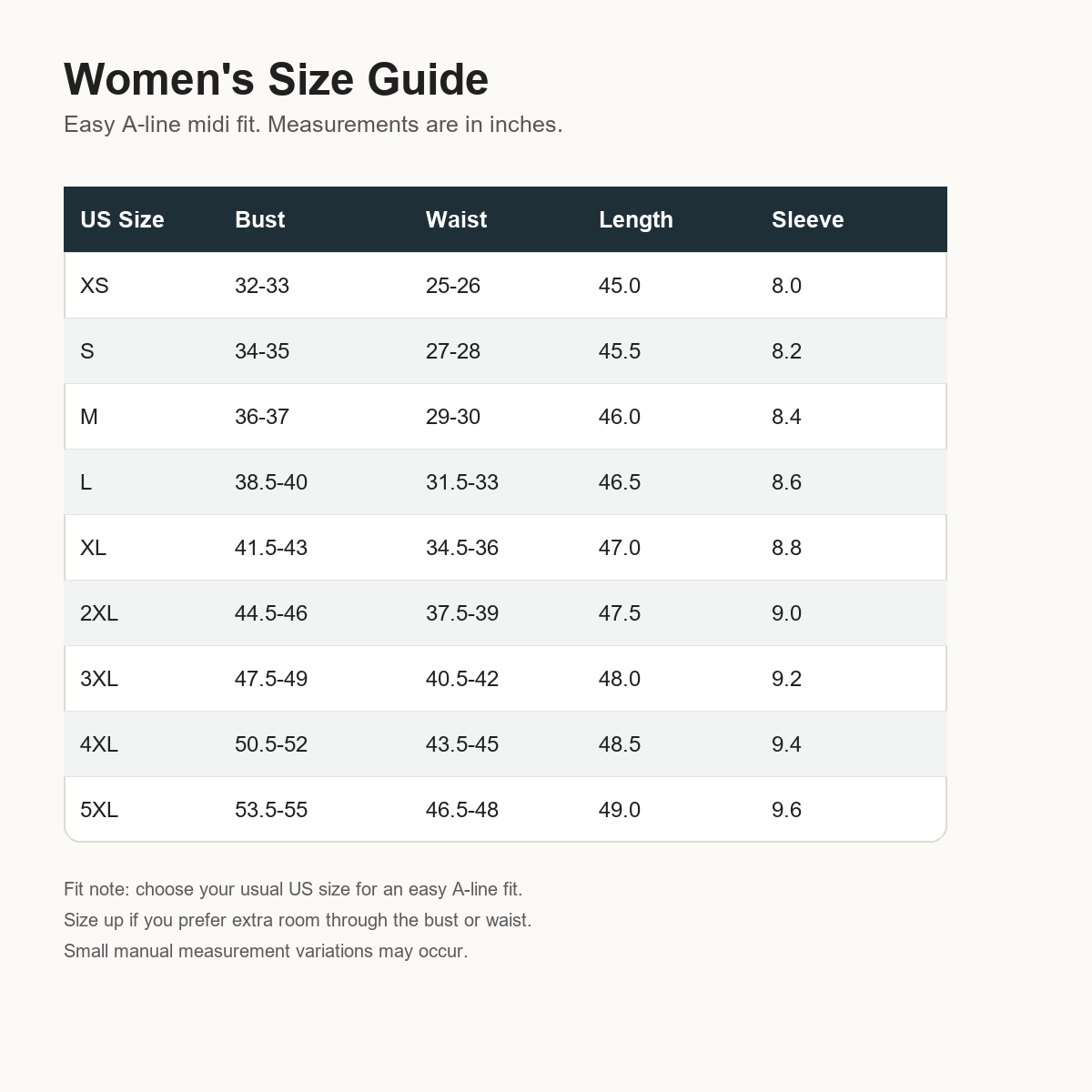 4tu0727001 women's size guide XS to 5XL