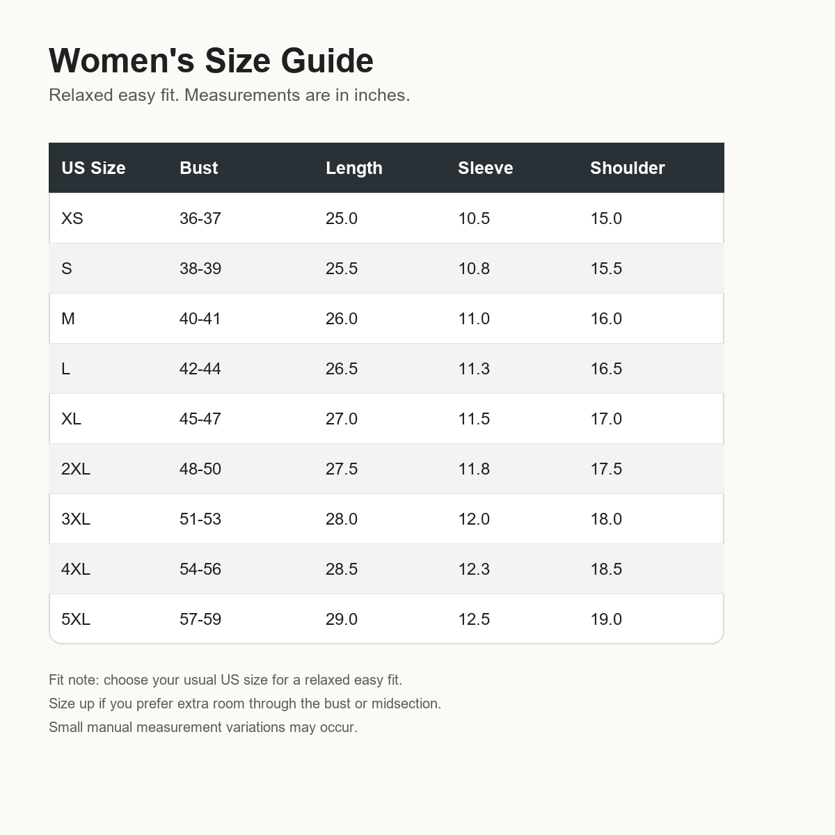 T3u0727001 women's size guide XS to 5XL