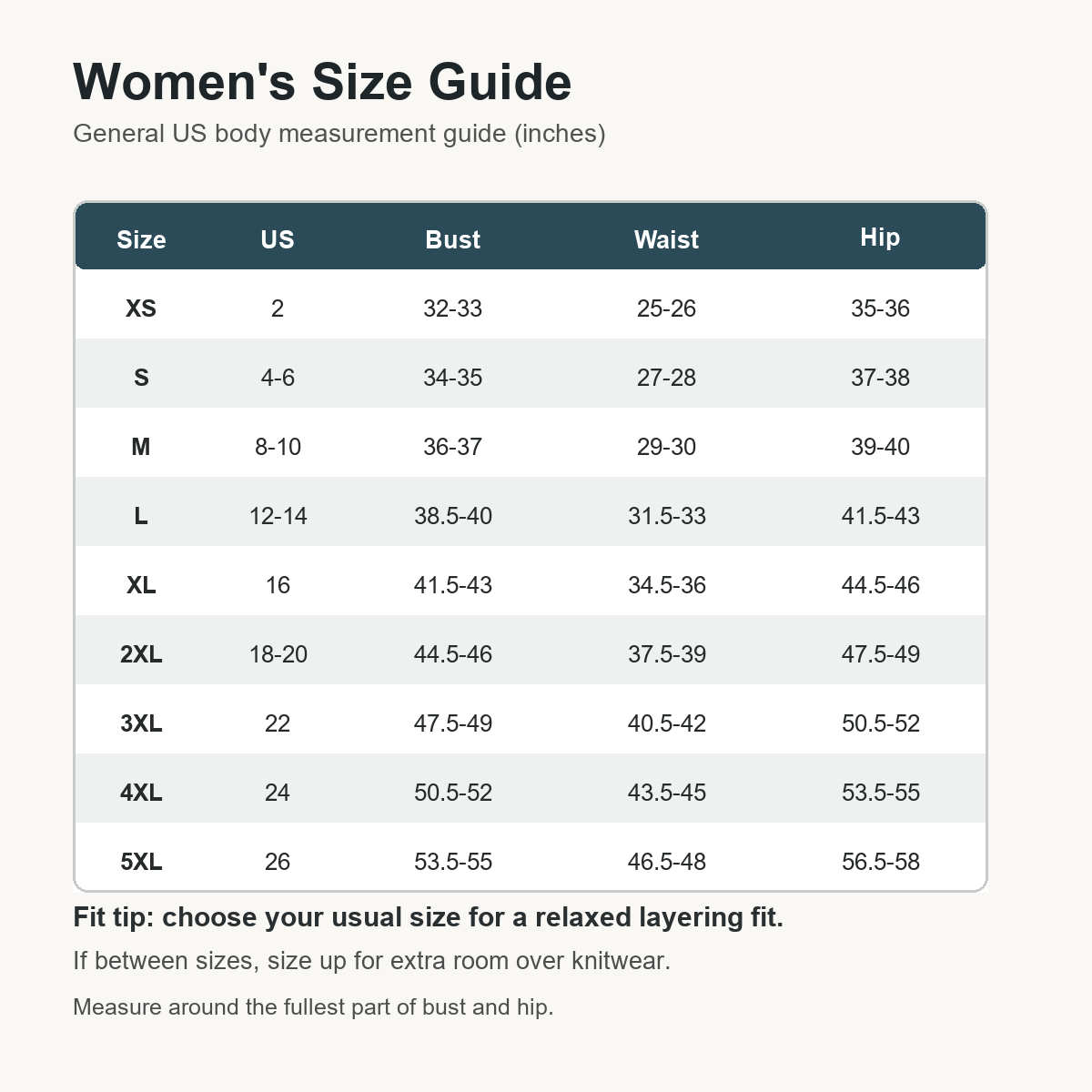 1tu0727001 women's US size guide XS to 5XL