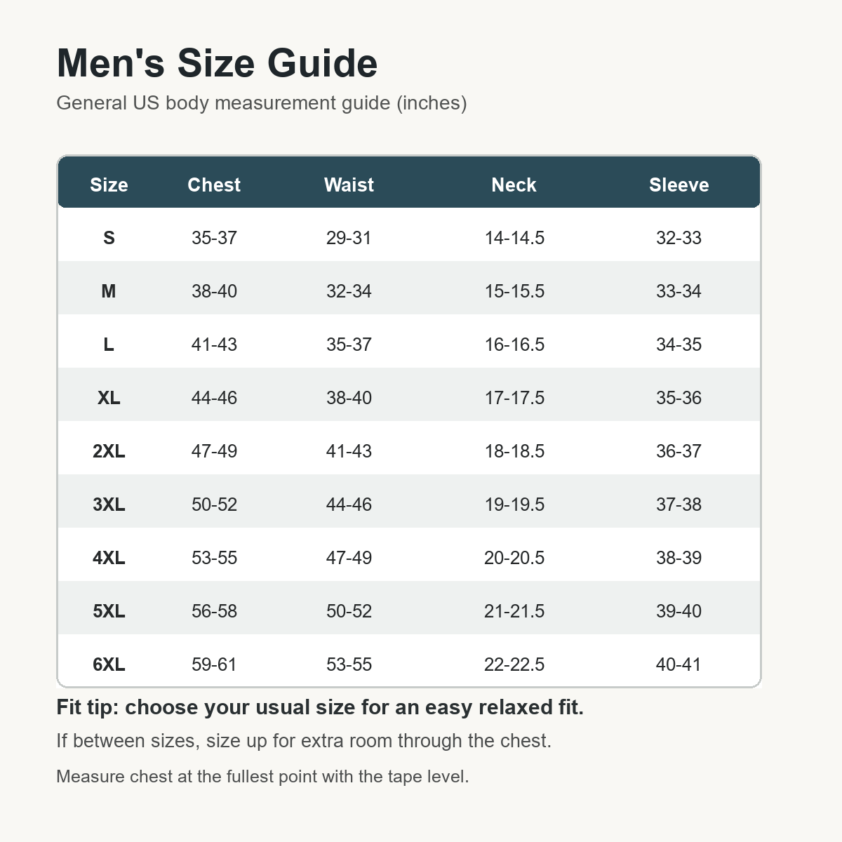 1tu0728001 men's US size guide S to 6XL