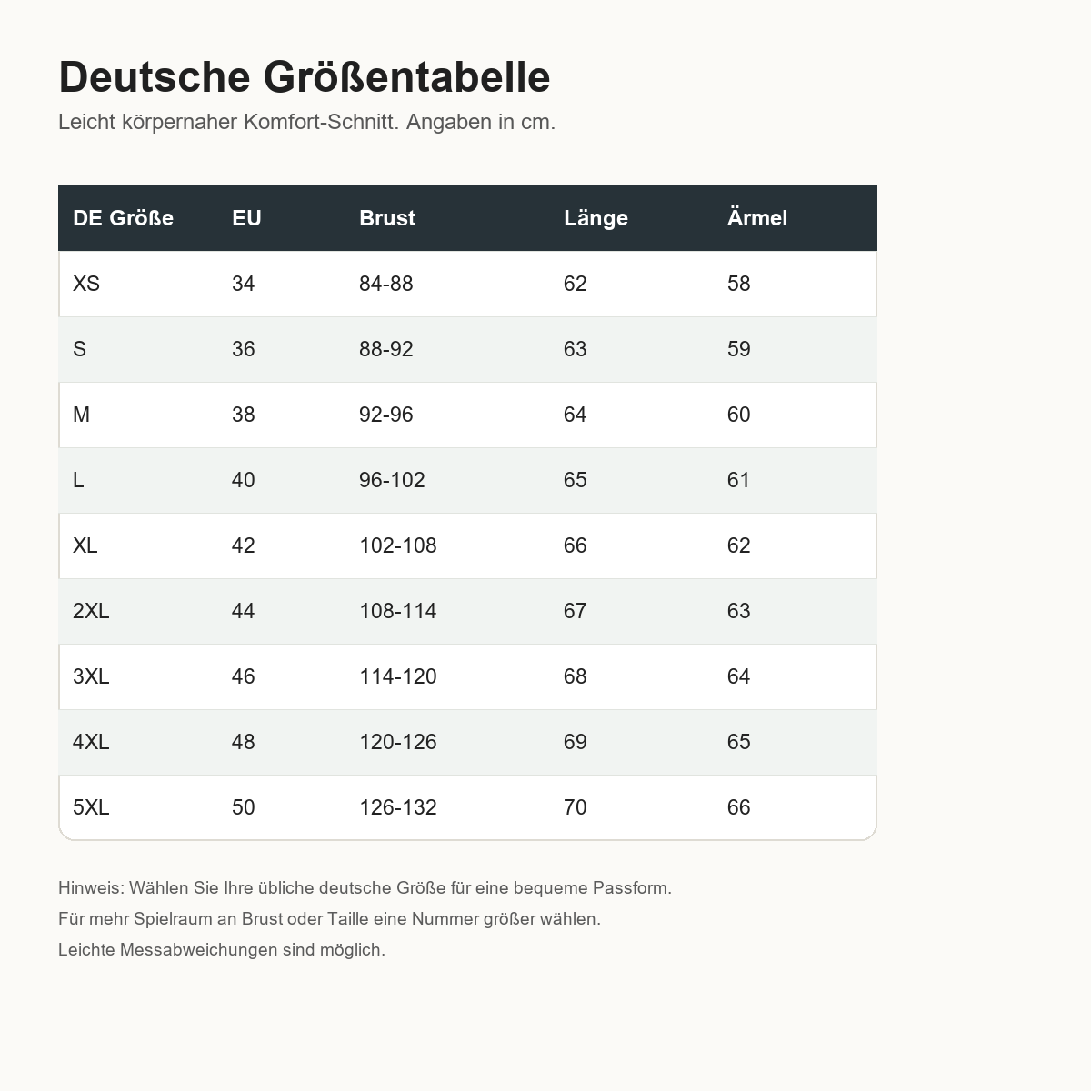 T3u0728001 Deutsche Größentabelle DE 34 bis DE 50