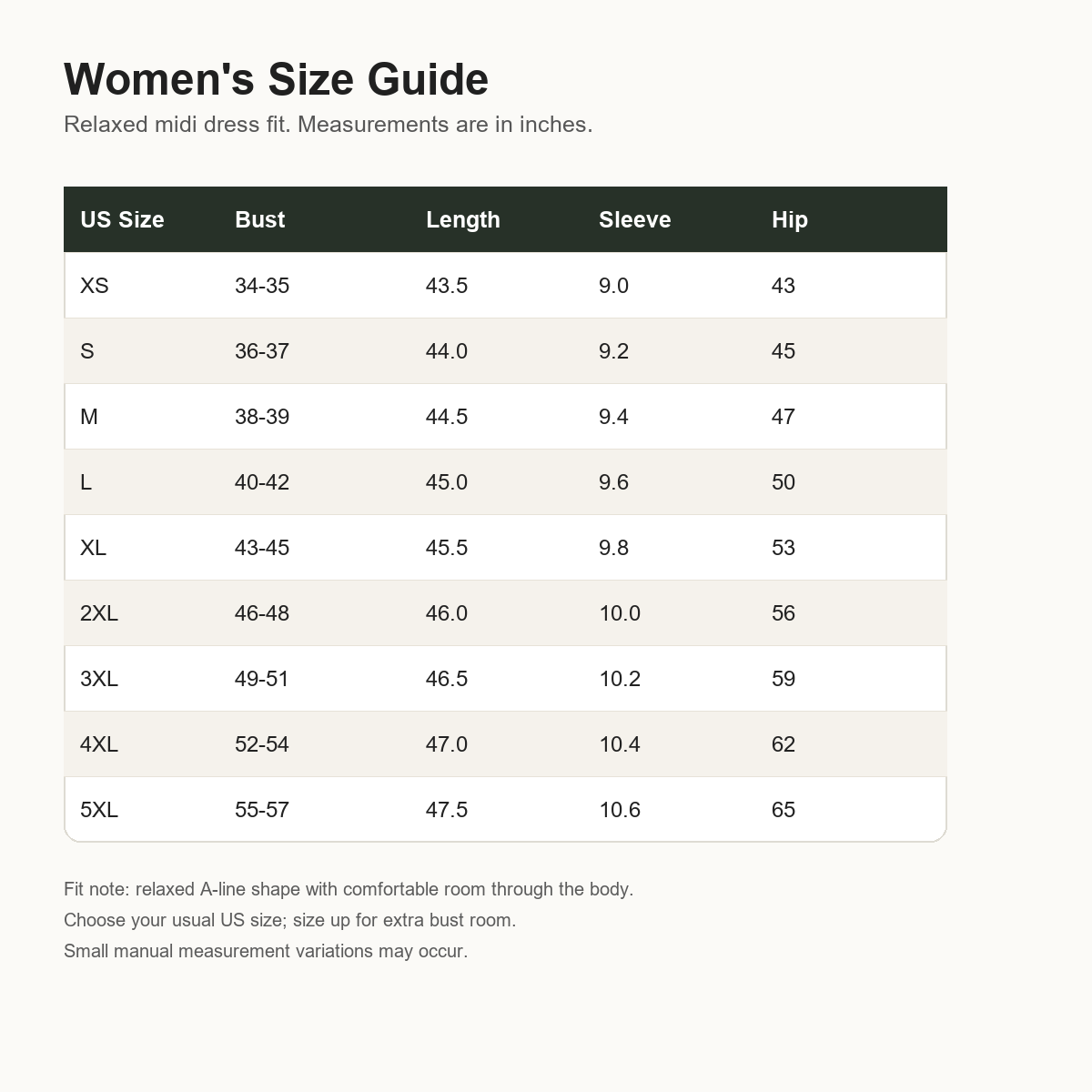 T3u0714004 women's size guide XS to 5XL