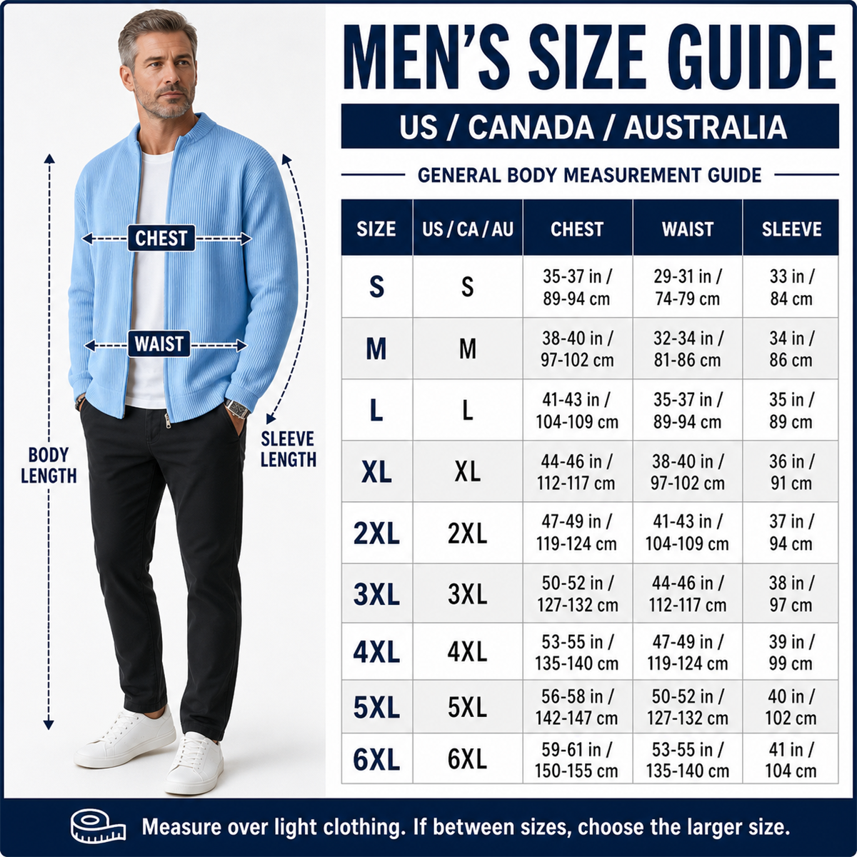 T3u0804001 men's US Canada Australia size guide
