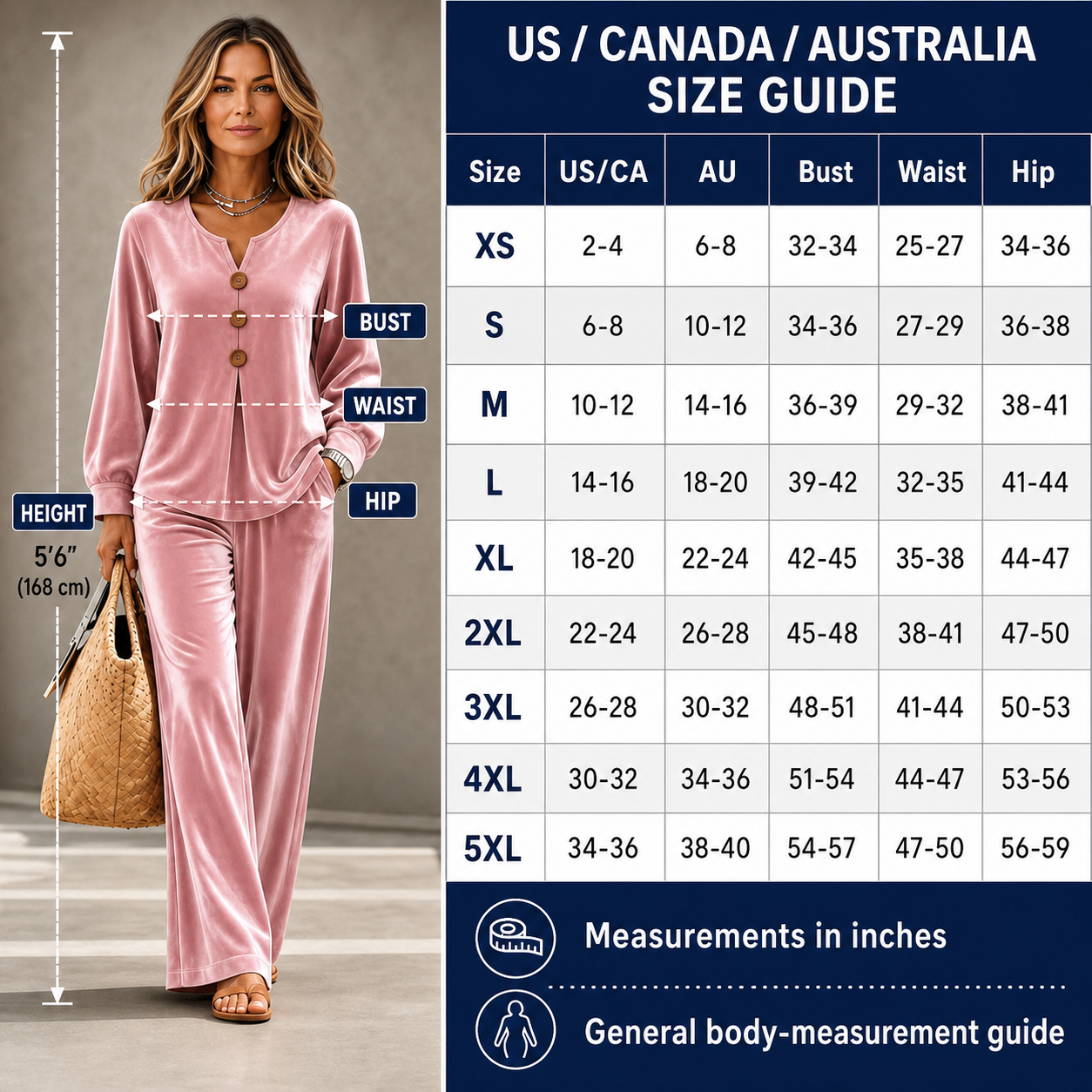 T3u0803002 detailed US Canada Australia size guide with model measurement reference