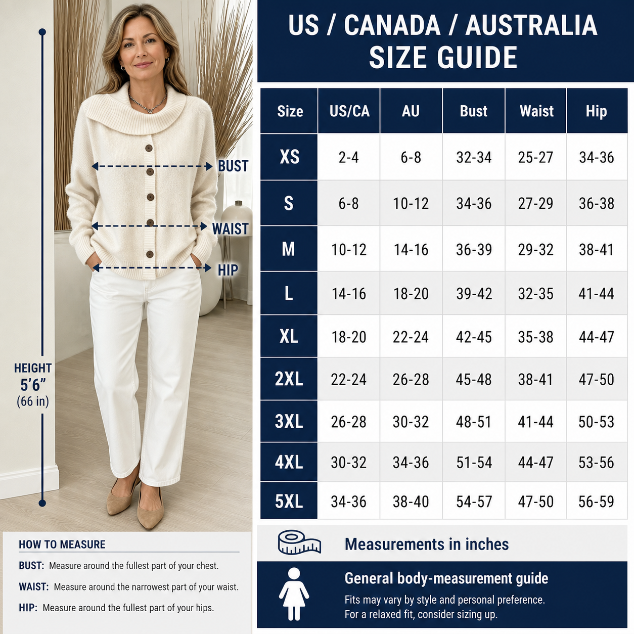 T3u0803003 detailed US Canada Australia size guide with model measurement reference