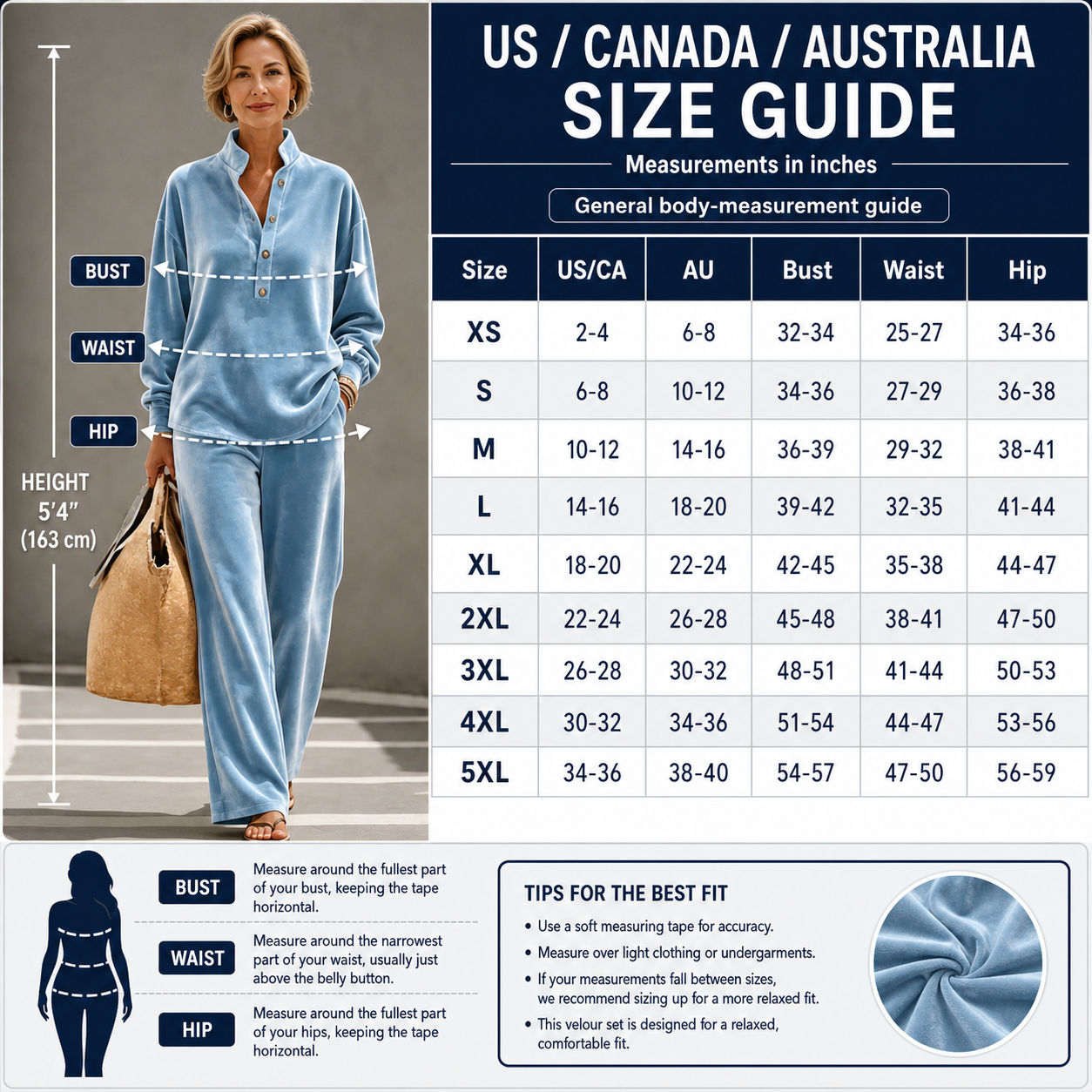 T3u0803001 detailed US Canada Australia size guide with model measurement reference