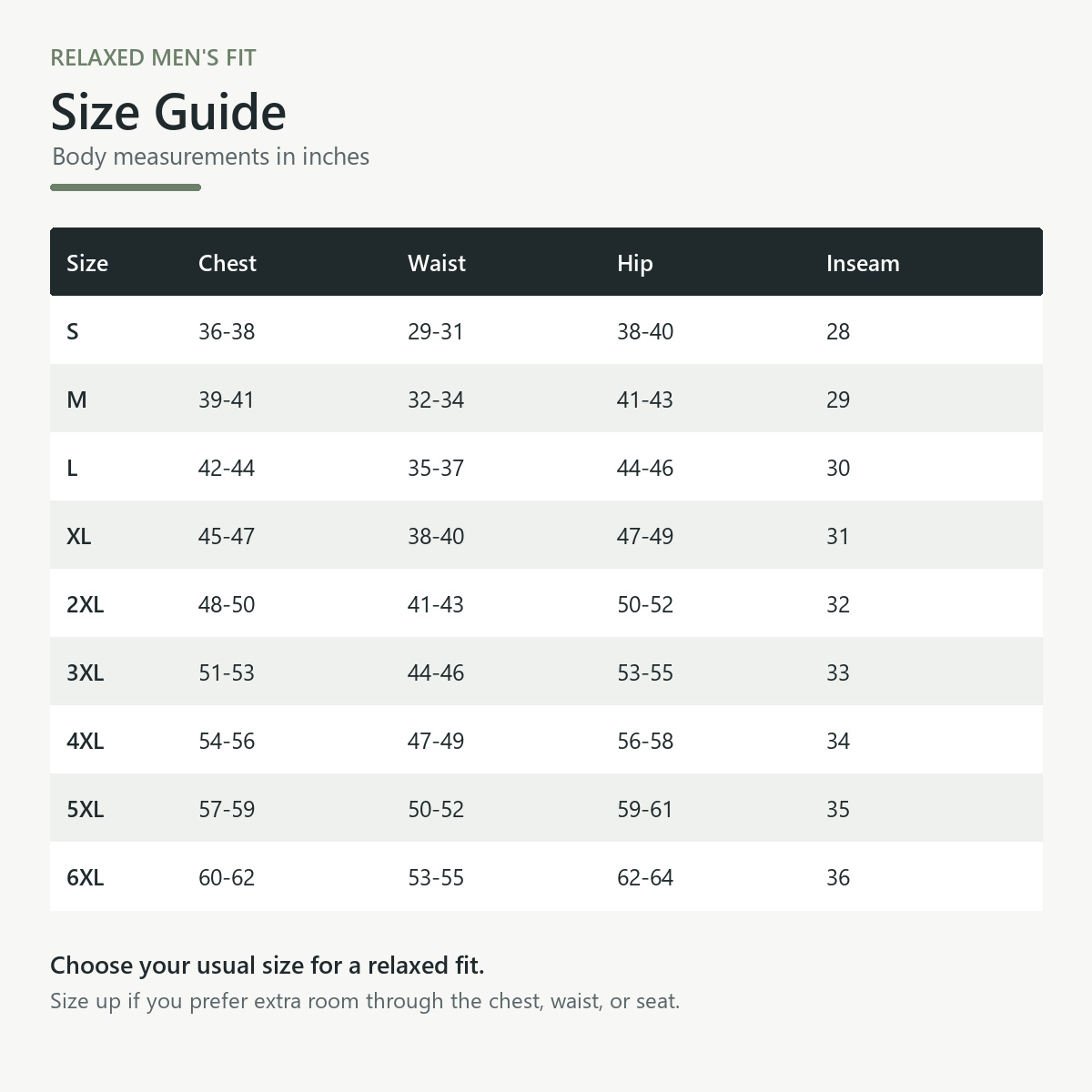 Men's relaxed fit size guide from S to 6XL in inches