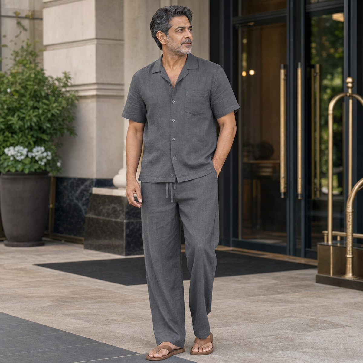 Charcoal men's relaxed linen-look shirt and pants set