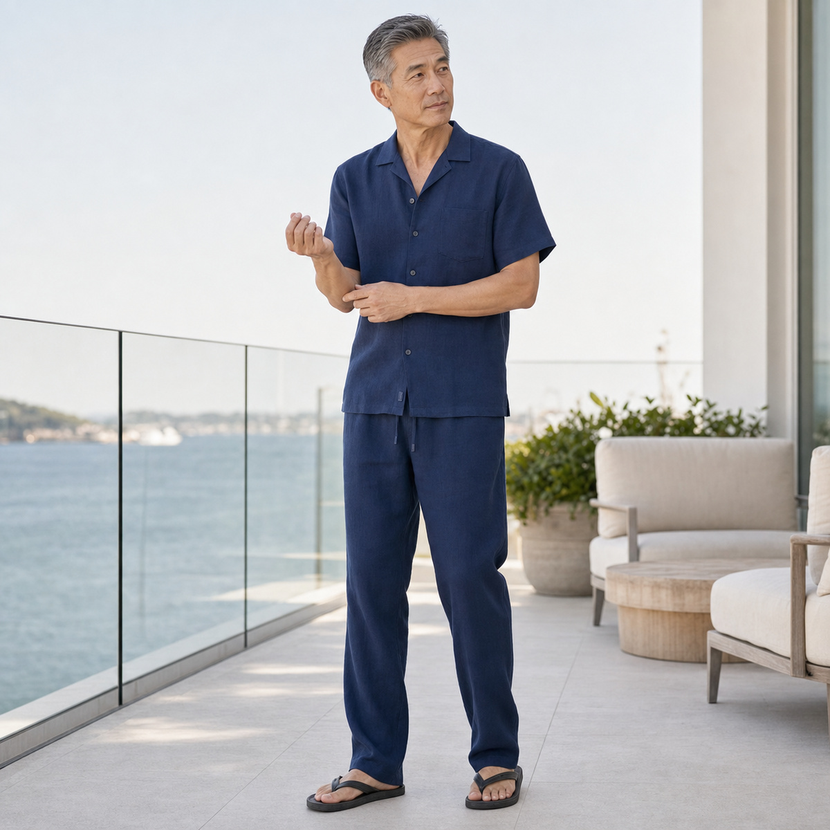 Navy men's relaxed linen-look shirt and pants set