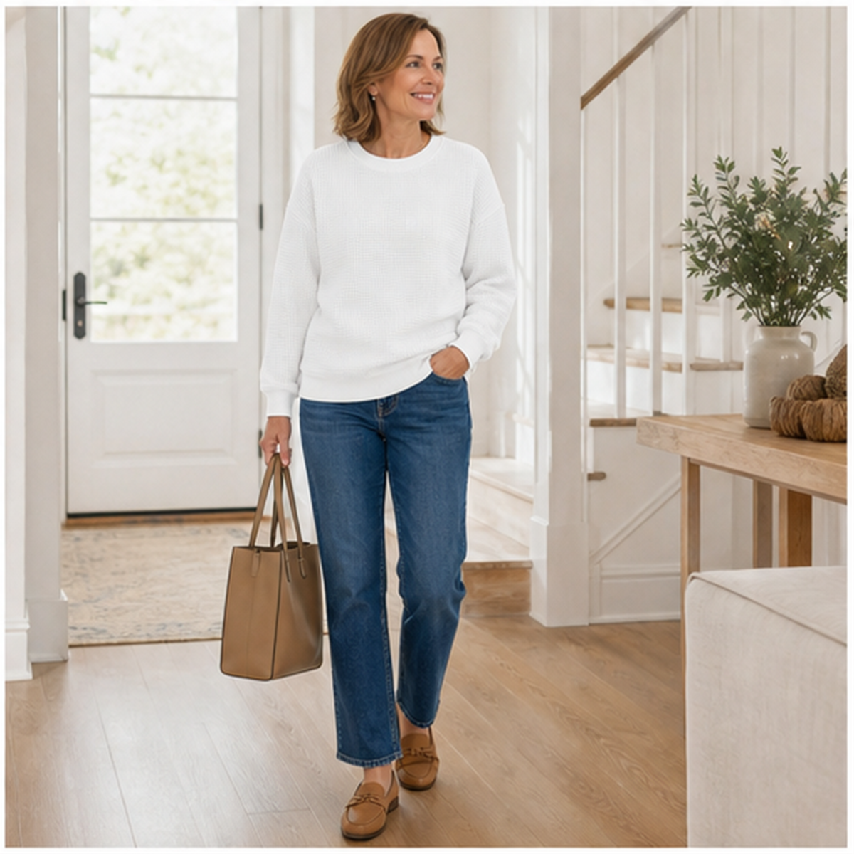 T3u0730002 white waffle sweatshirt styled with denim