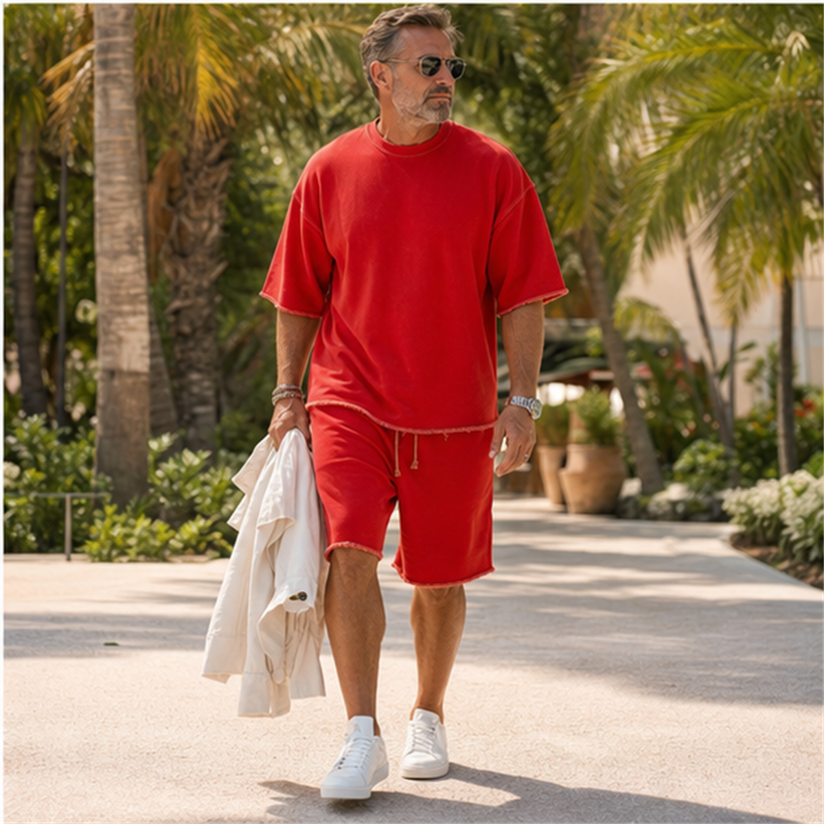 T3u0731001 red two-piece set resort styling