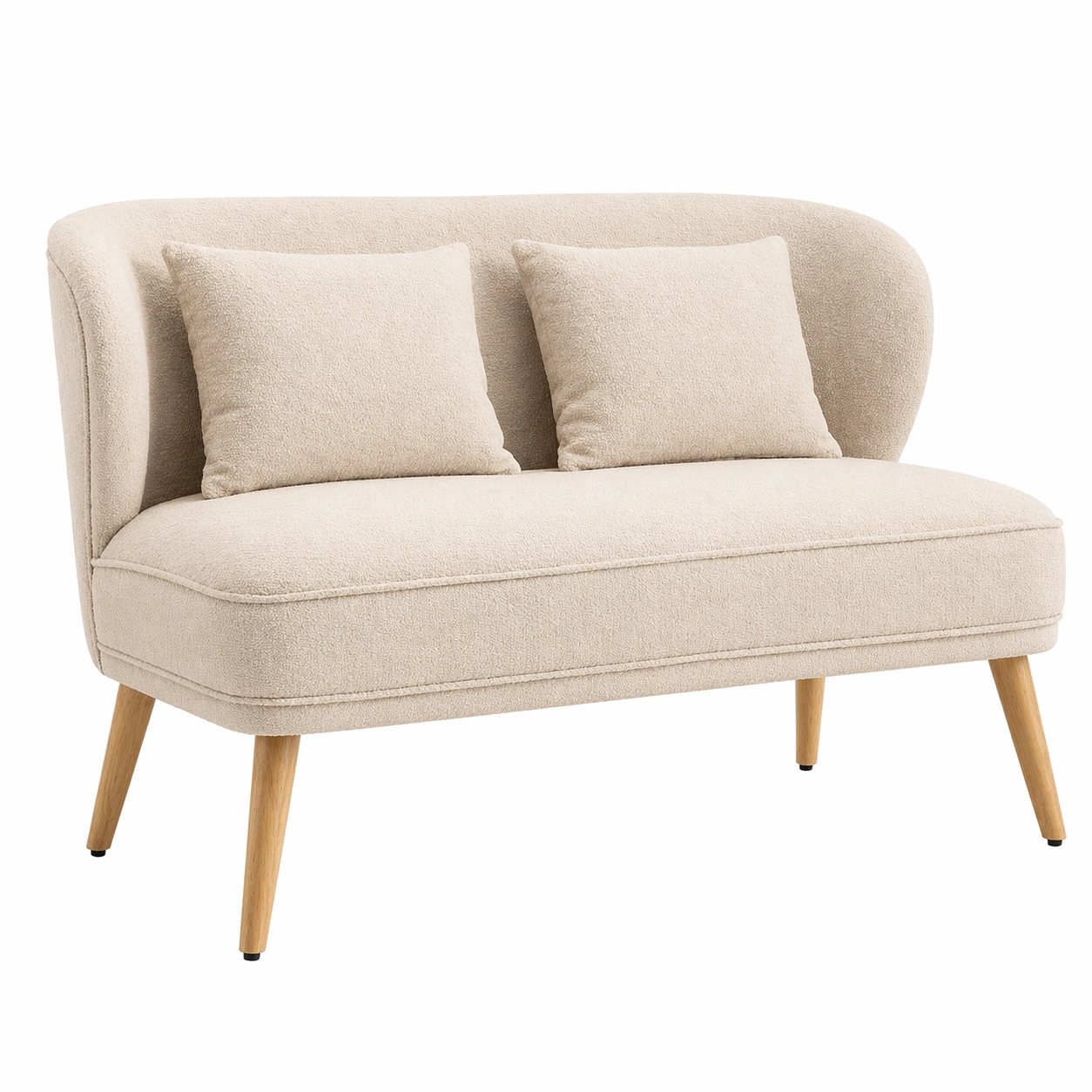 2-Sitzer Sofa Boucle Stoff, Kompaktes Polstersofa mit 2 Kissen, Moderne Form mit Holzbeinen, Ideal fuer Wohnzimmer Schlafzimmer Kleine Raeume-avqira