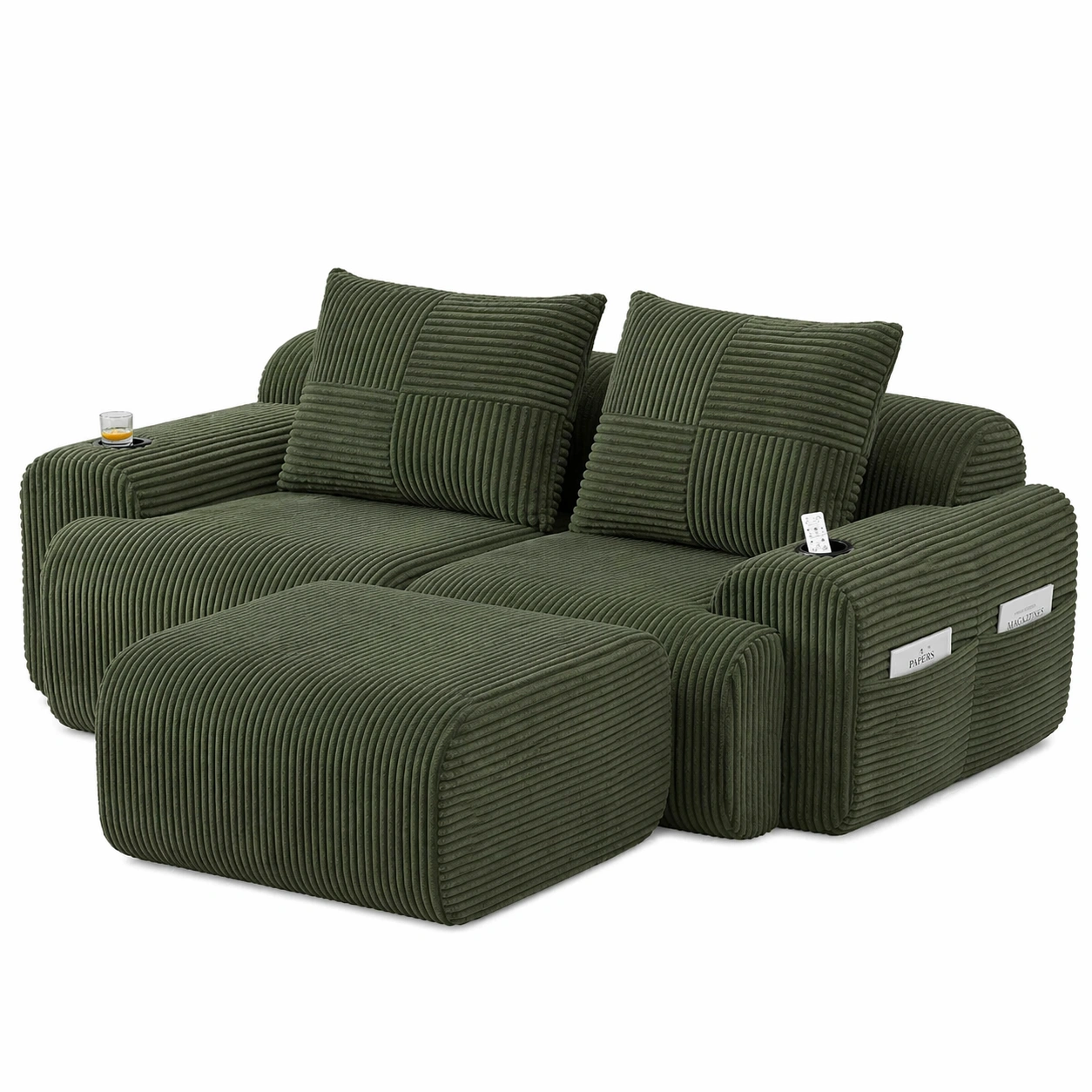 L-Form Ecksofa Modular mit Hocker 2 Sitzer Cord Stoff mit Getraenkehalter und Seitentaschen Dunkelgruen-avqira