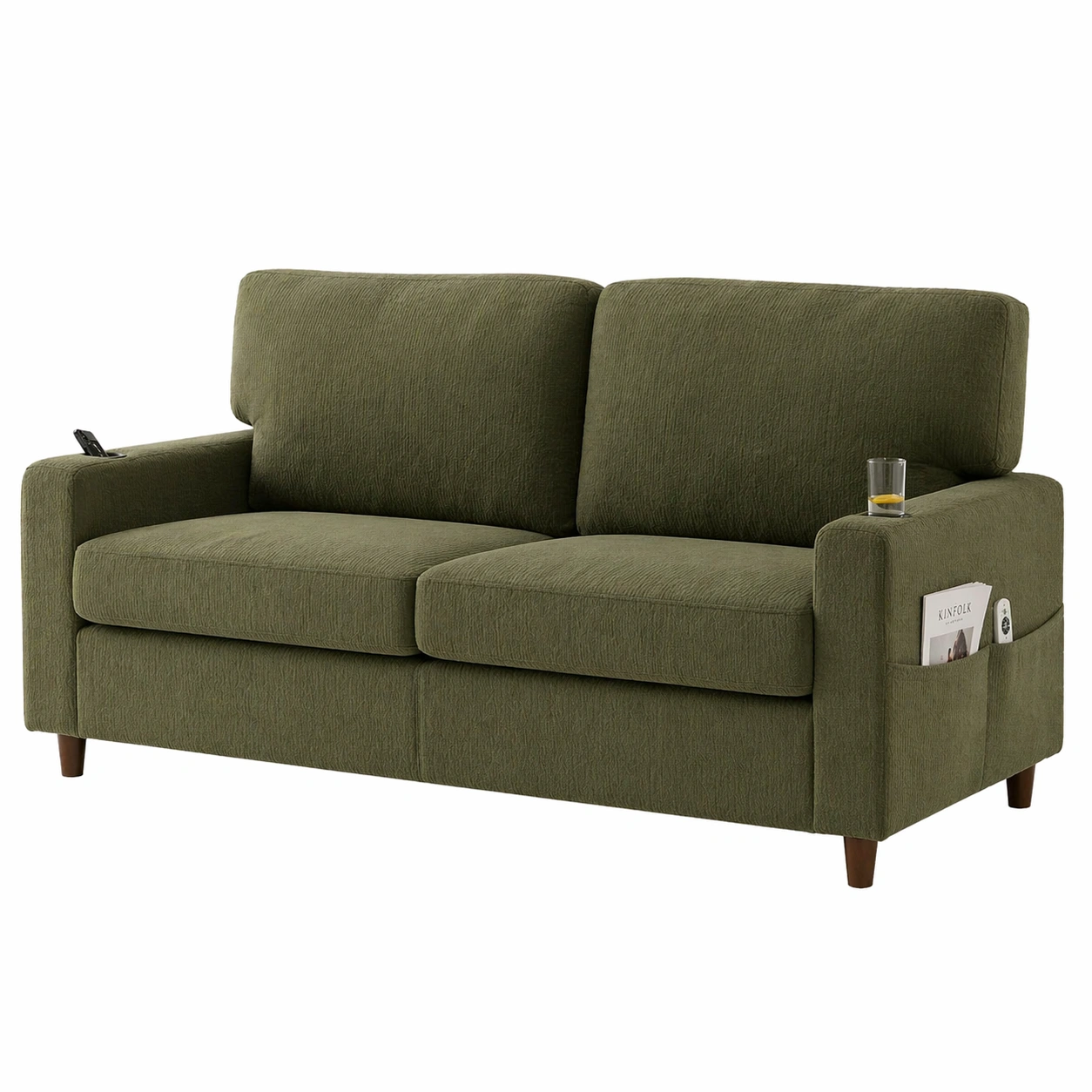 Modernes 2-Sitzer Sofa mit LED Ambientelicht, USB Anschluss, Becherhalter und Seitentaschen, Stoffbezug, Olive Gruen-avqira